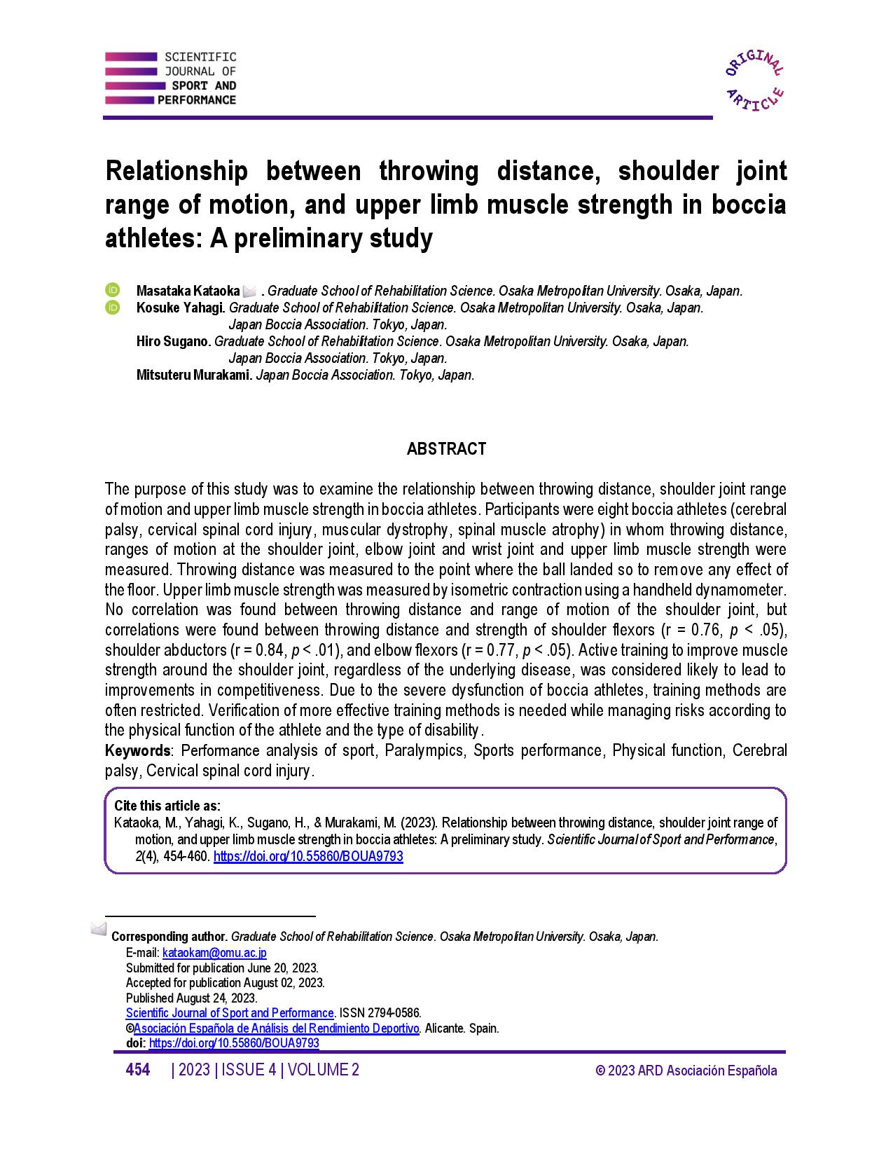 Relationship between throwing distance, shoulder joint range of motion, and upper limb muscle strength in boccia athletes: A preliminary study