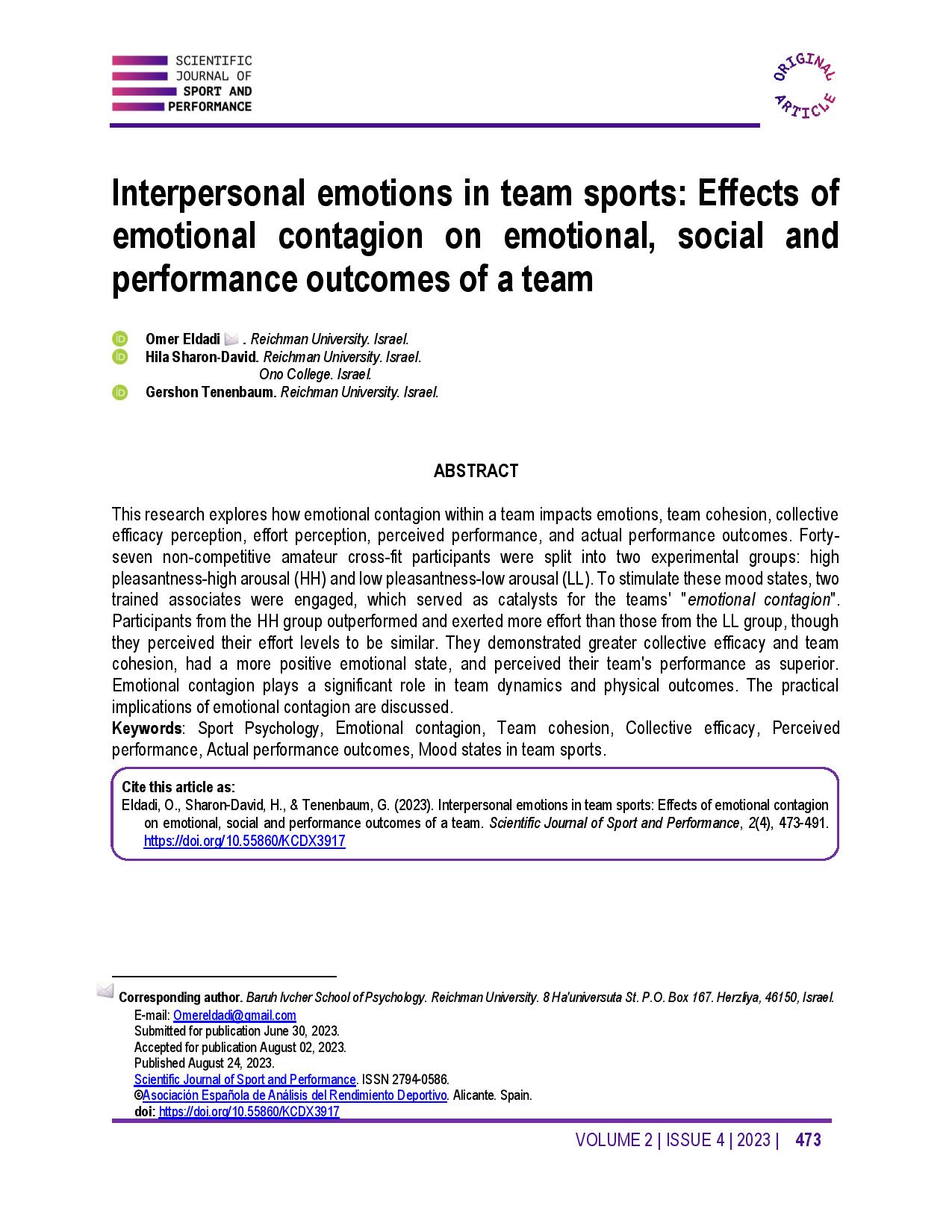 Interpersonal emotions in team sports: Effects of emotional contagion on emotional, social and performance outcomes of a team