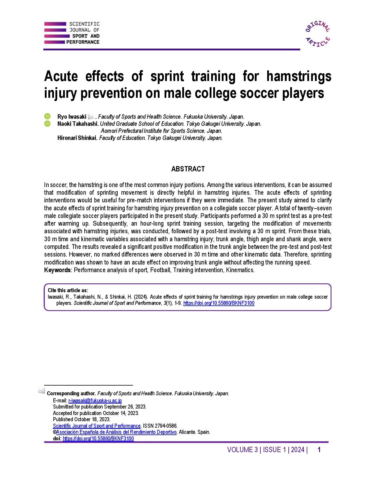 Acute effects of sprint training for hamstrings injury prevention on male college soccer players