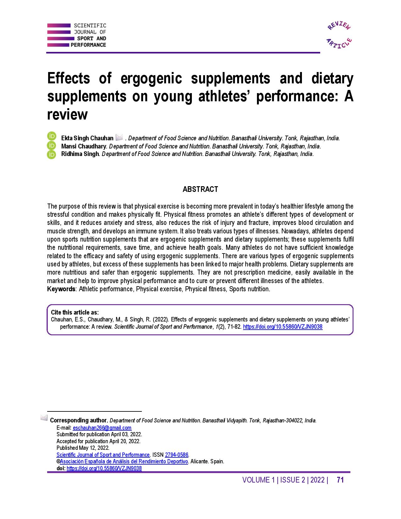 Effects of ergogenic supplements and dietary supplements on young athletes’ performance: A review