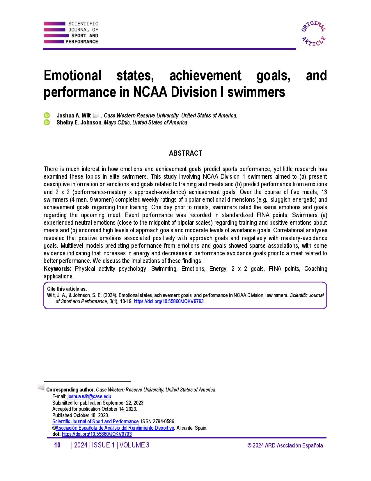 Emotional states, achievement goals, and performance in NCAA Division I swimmers