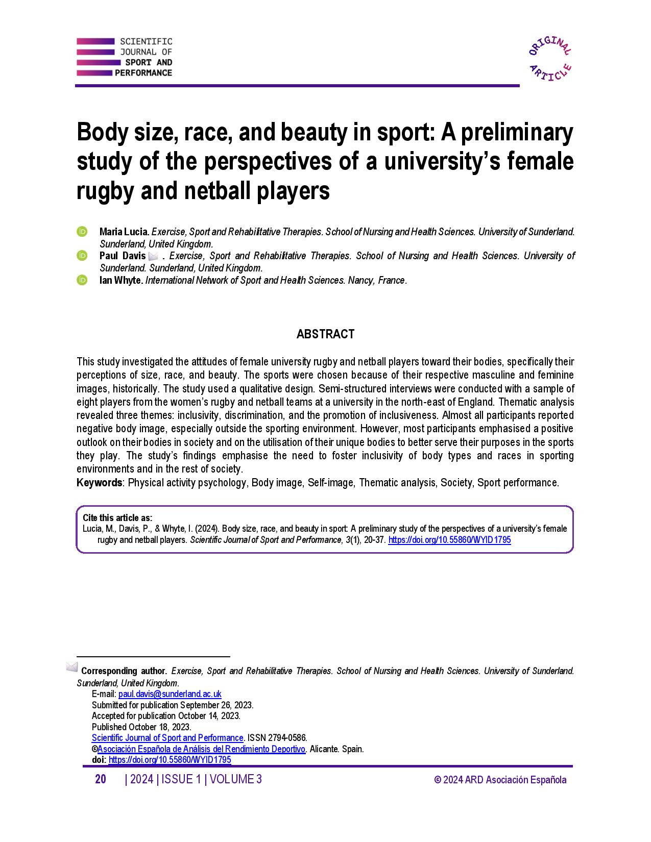Body size, race, and beauty in sport: A preliminary study of the perspectives of a university’s female rugby and netball players
