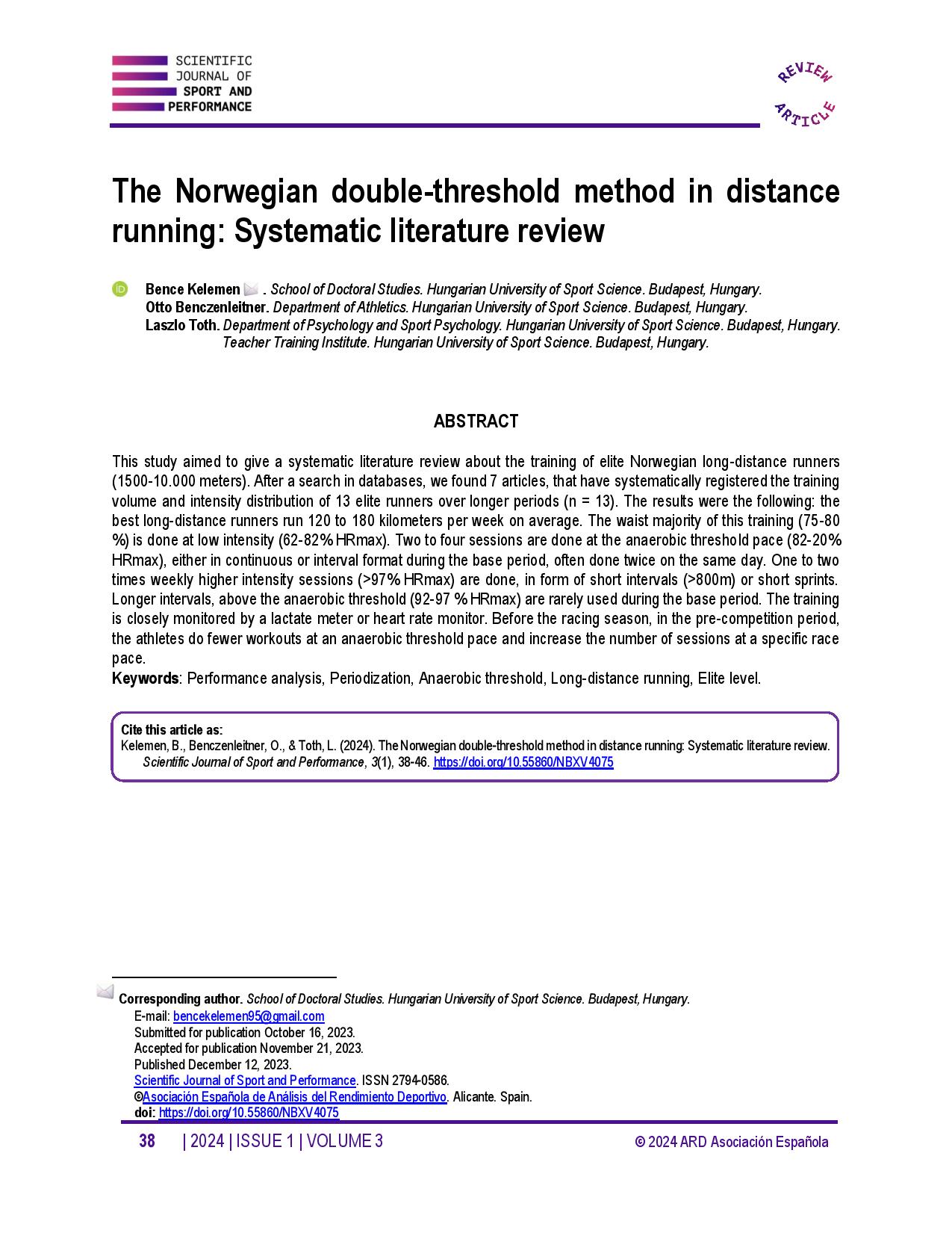 The Norwegian double-threshold method in distance running: Systematic literature review
