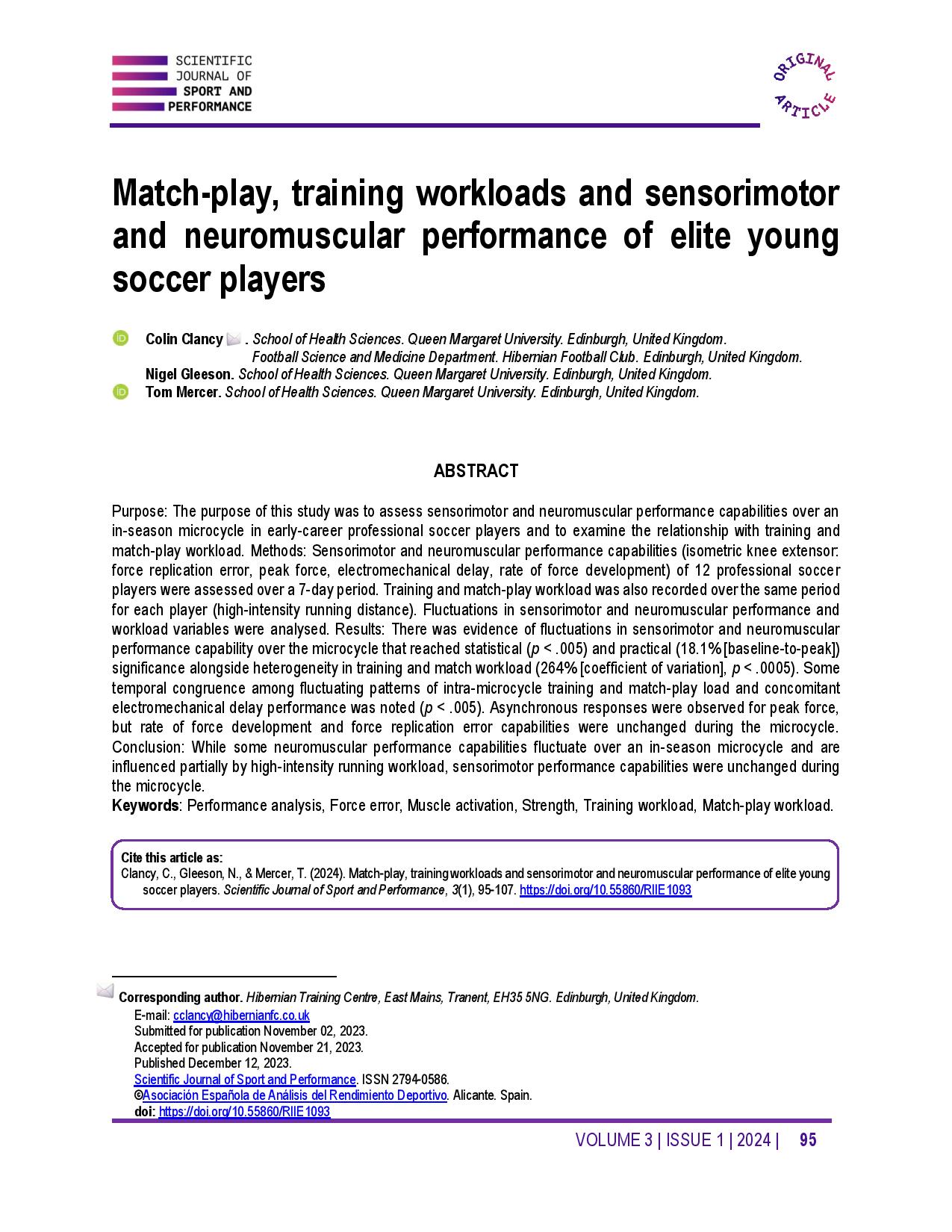 Match-play, training workloads and sensorimotor and neuromuscular performance of elite young soccer players