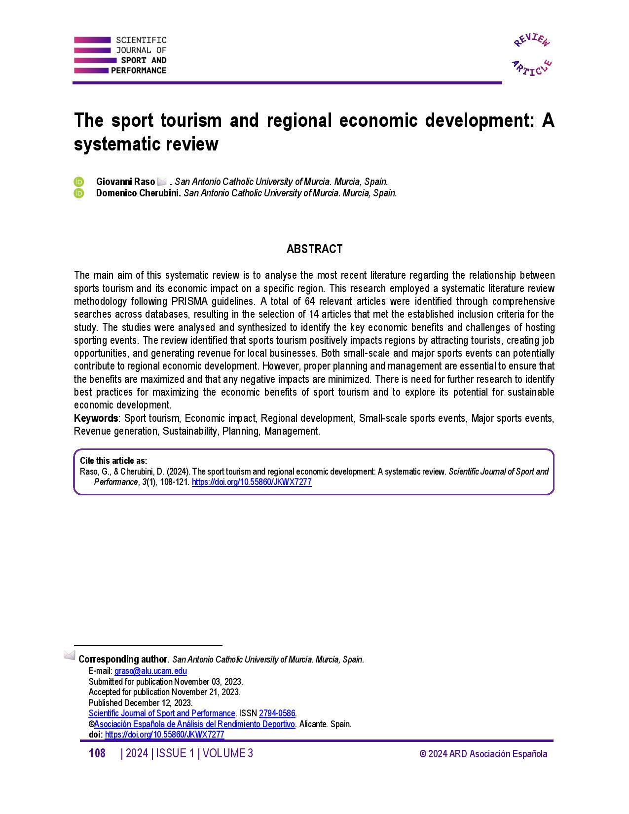 The sport tourism and regional economic development: A systematic review