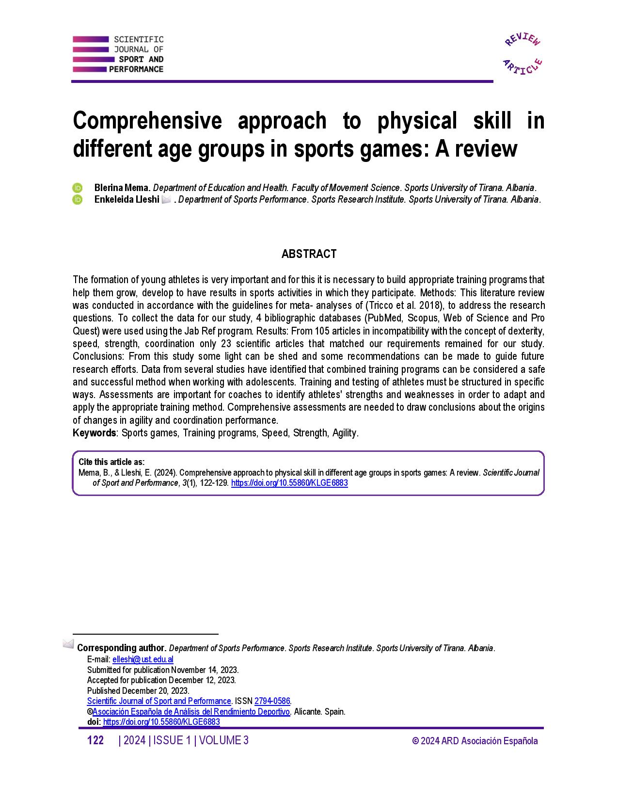 Comprehensive approach to physical skill in different age groups in sports games: A review