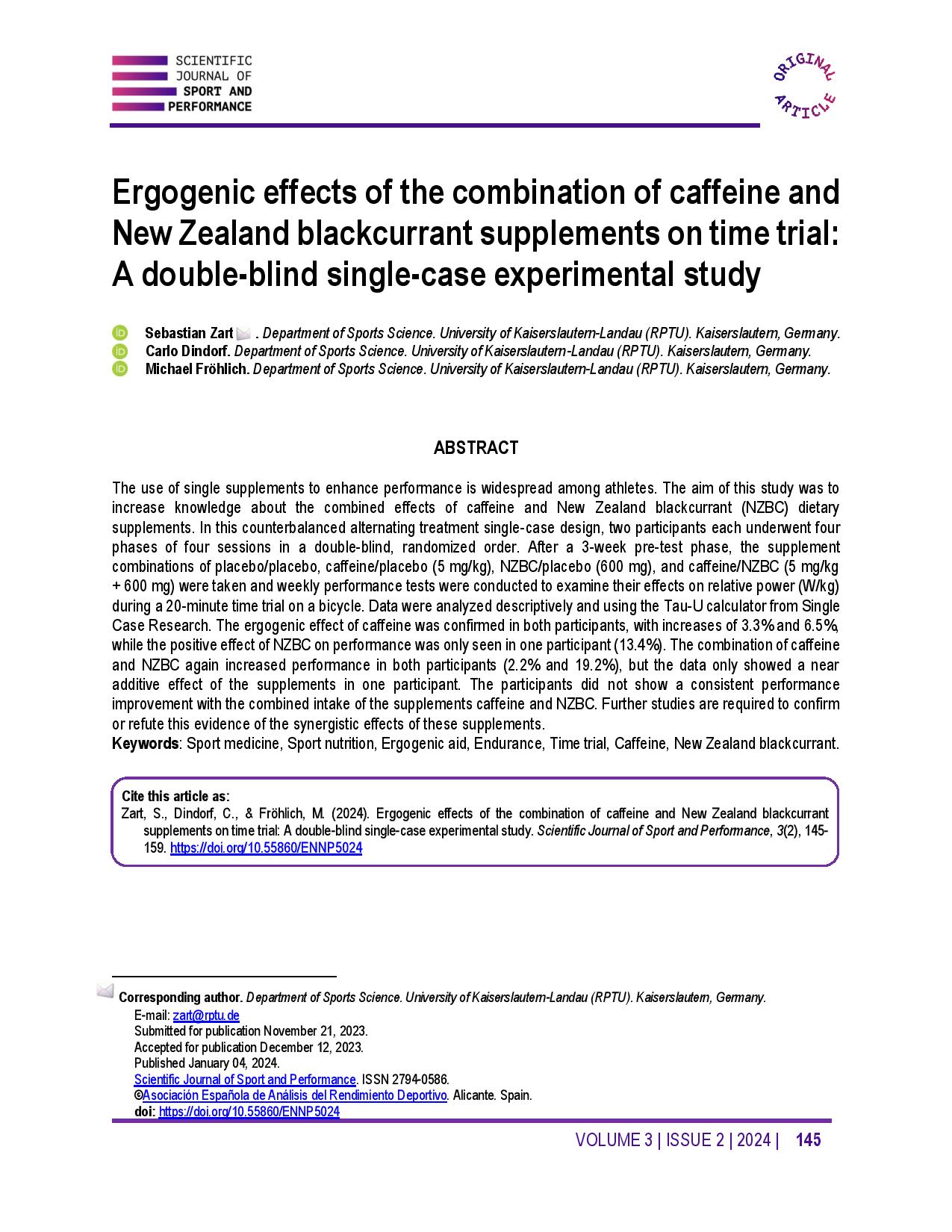 Ergogenic effects of the combination of caffeine and New Zealand blackcurrant supplements on time trial: A double-blind single-case experimental study