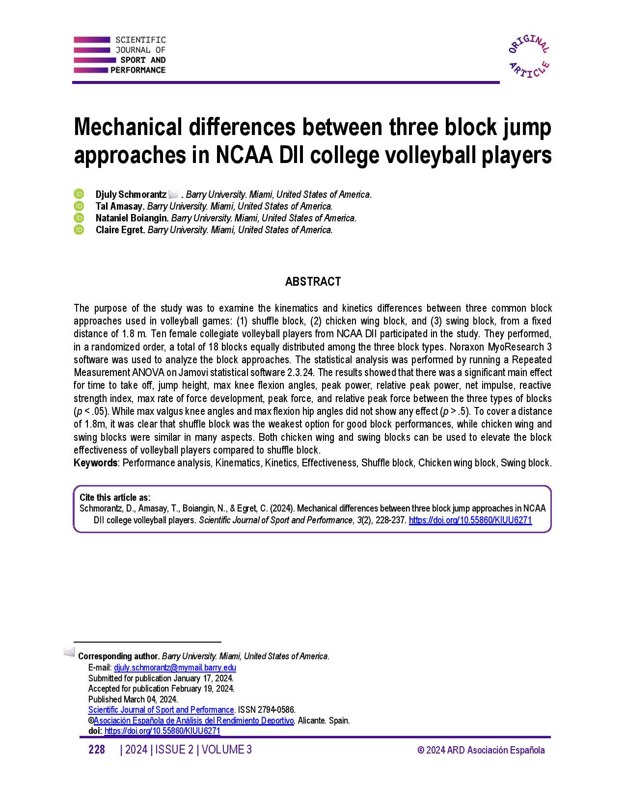 Mechanical differences between three block jump approaches in NCAA DII college volleyball players