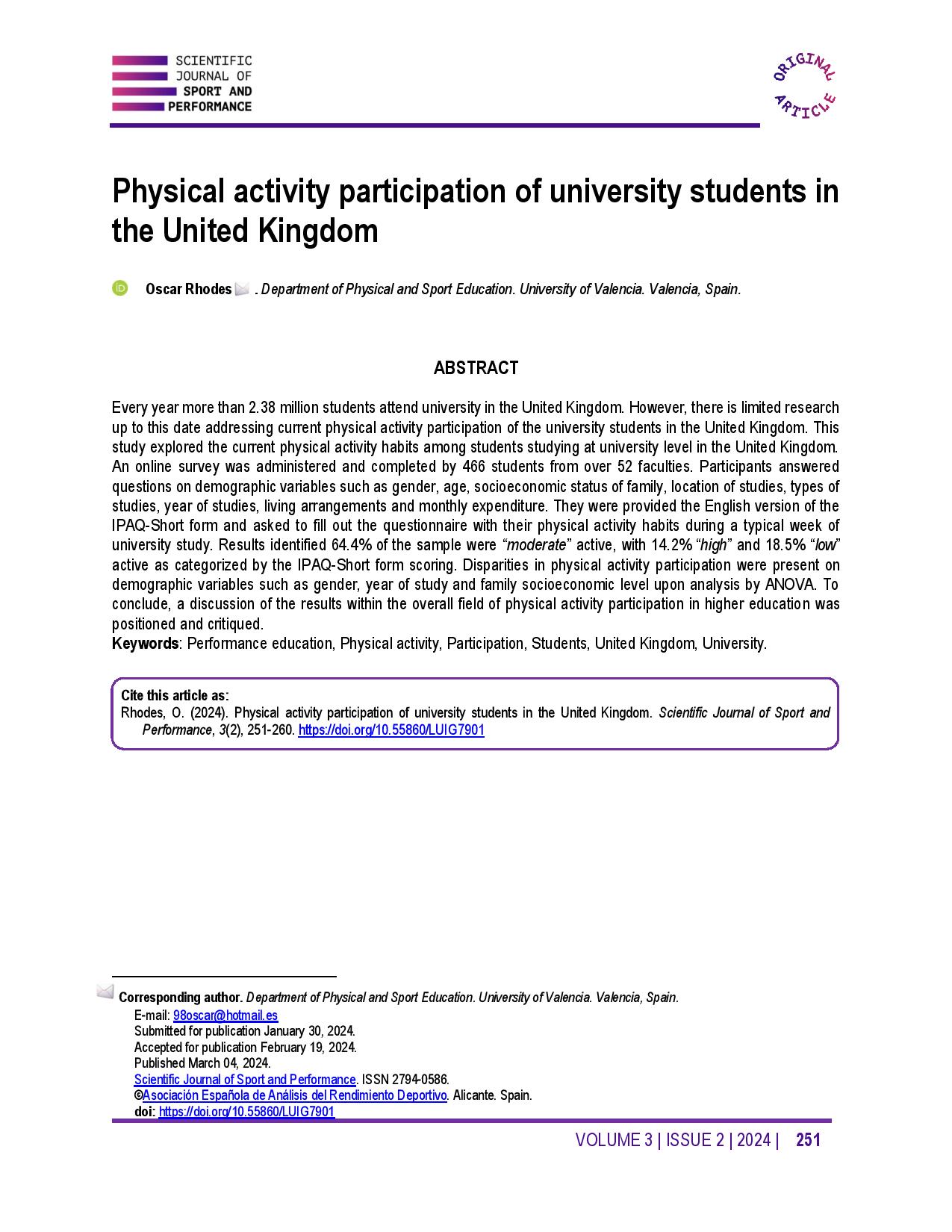 Physical activity participation of university students in the United Kingdom