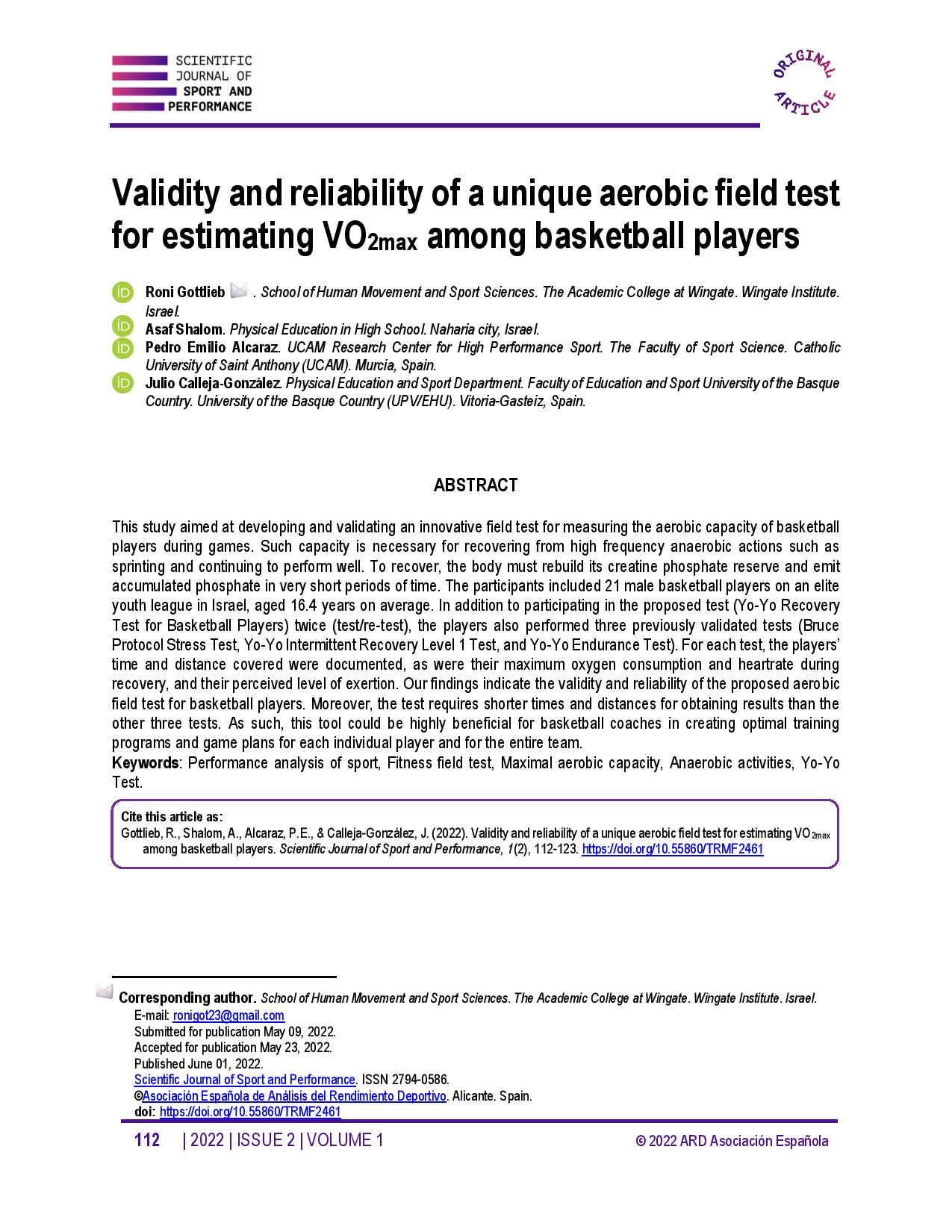 Validity and reliability of a unique aerobic field test for estimating VO2max among basketball players