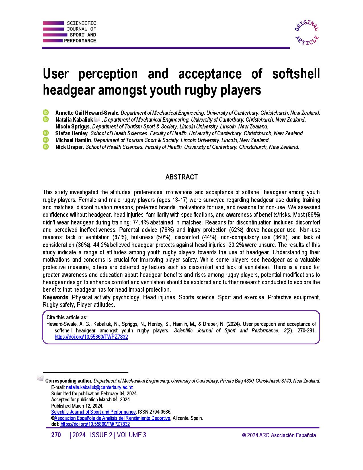 User perception and acceptance of softshell headgear amongst youth rugby players