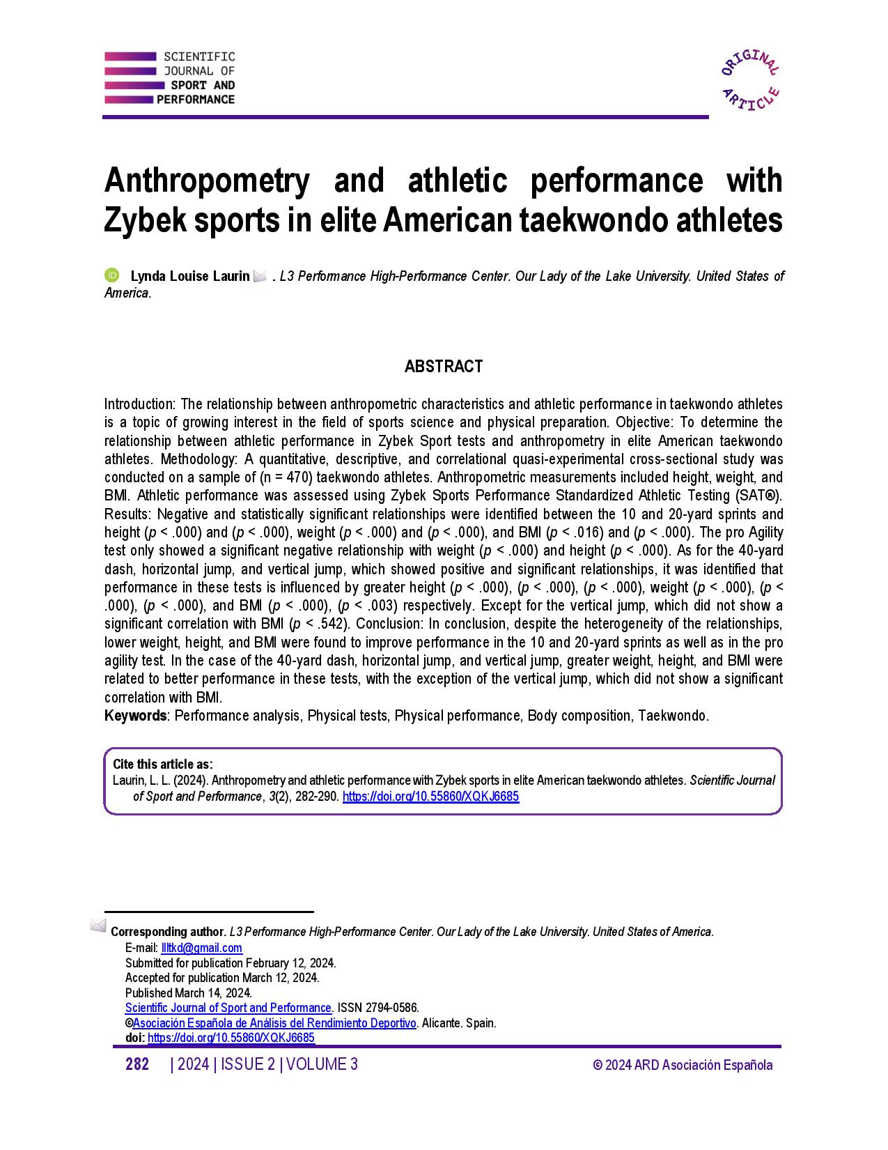 Anthropometry and athletic performance with Zybek sports in elite American taekwondo athletes
