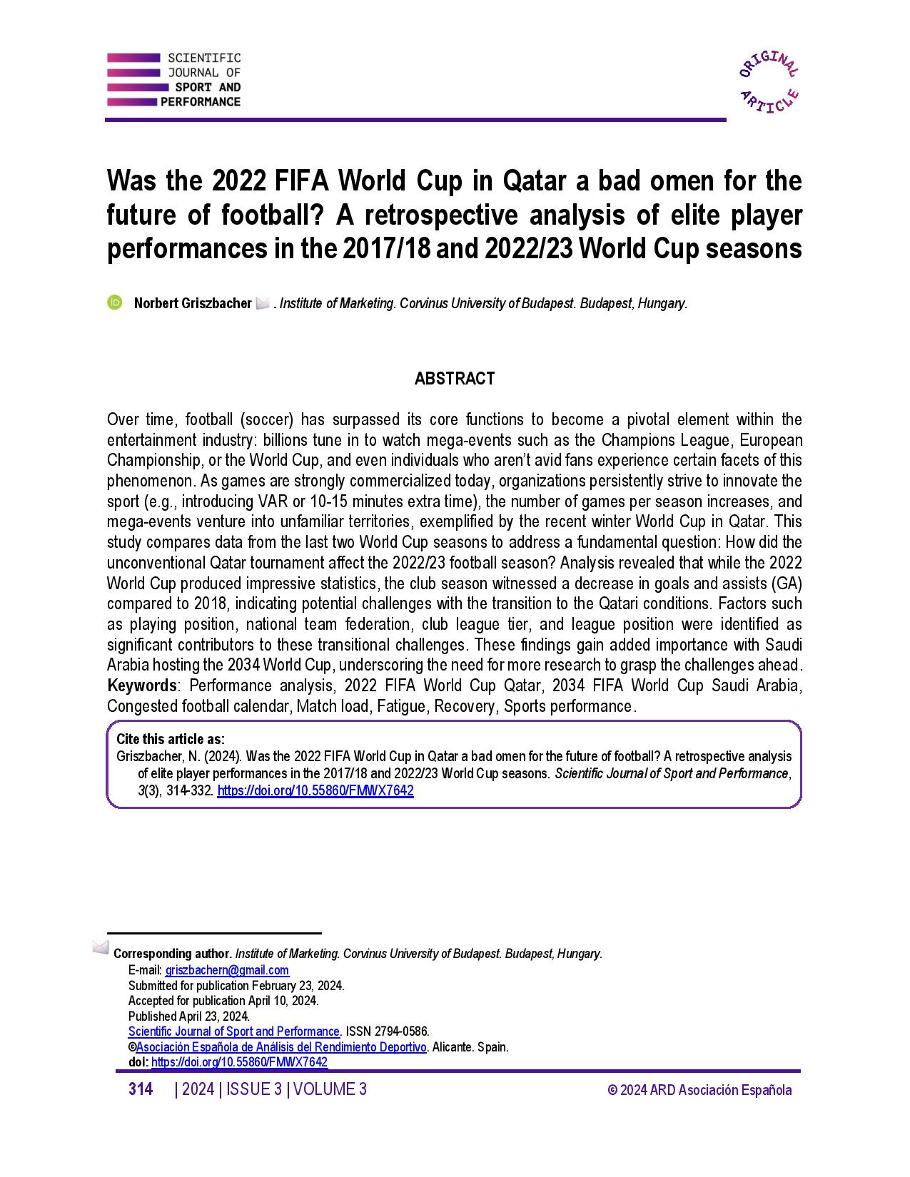 Was the 2022 FIFA World Cup in Qatar a bad omen for the future of football? A retrospective analysis of elite player performances in the 2017/18 and 2022/23 World Cup seasons