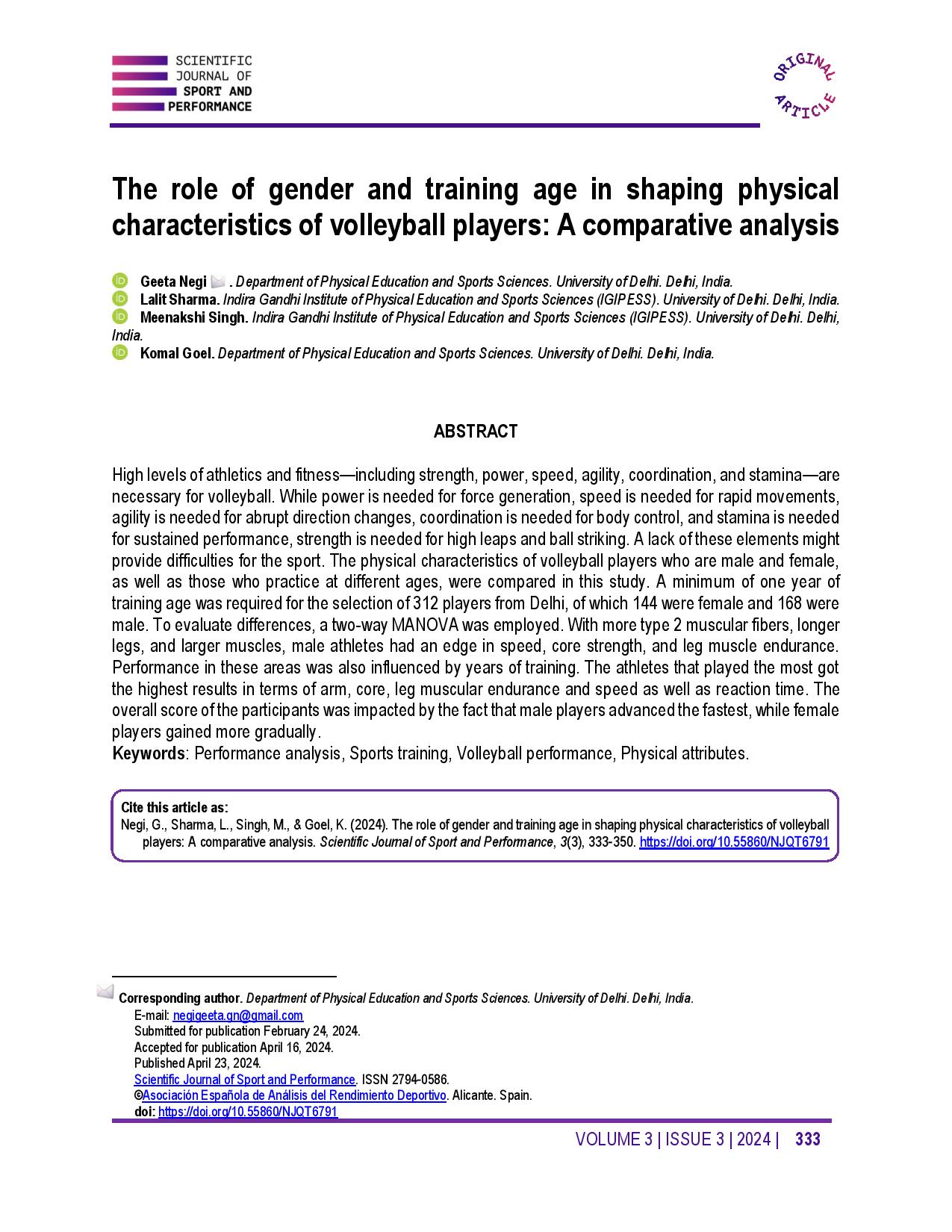 The role of gender and training age in shaping physical characteristics of volleyball players: A comparative analysis