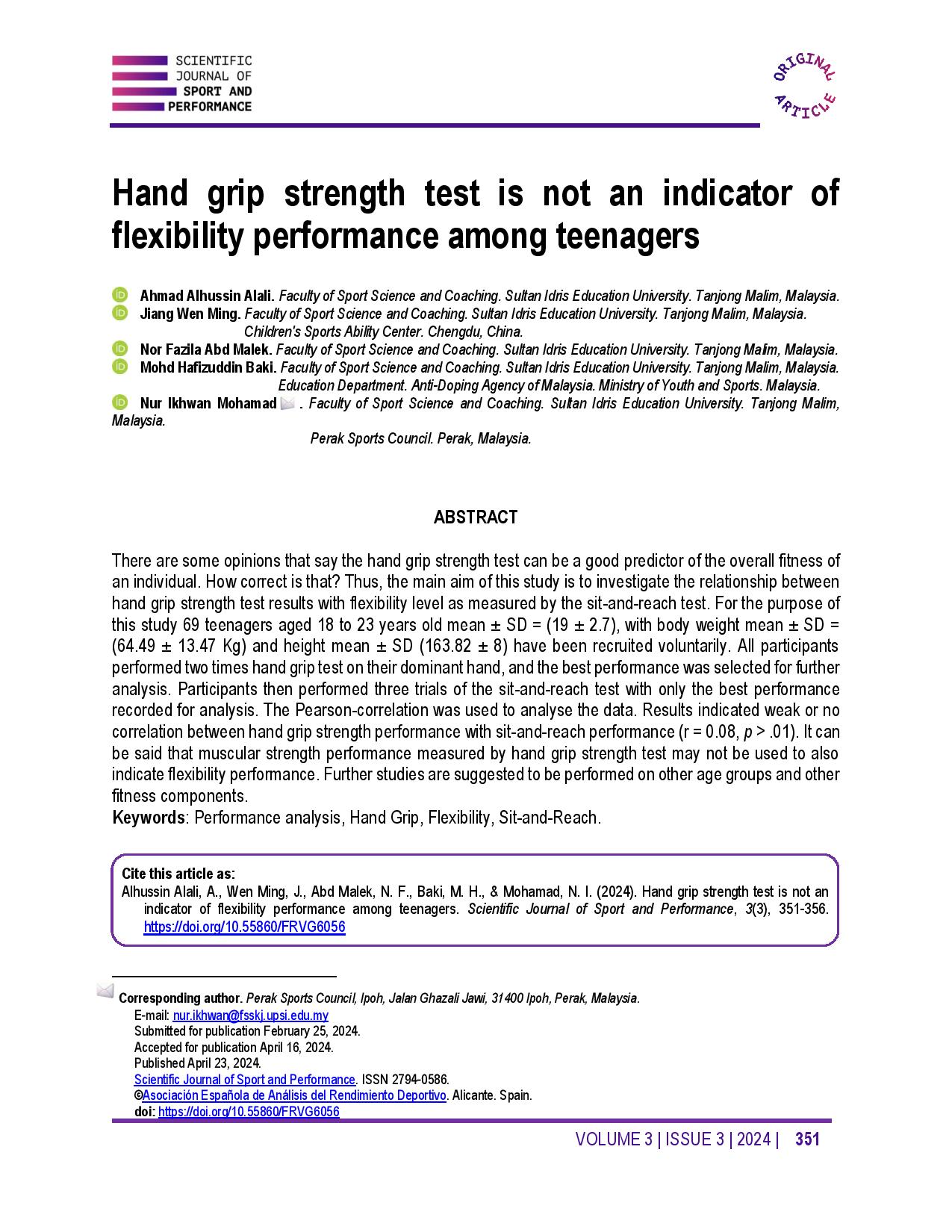Hand grip strength test is not an indicator of flexibility performance among teenagers