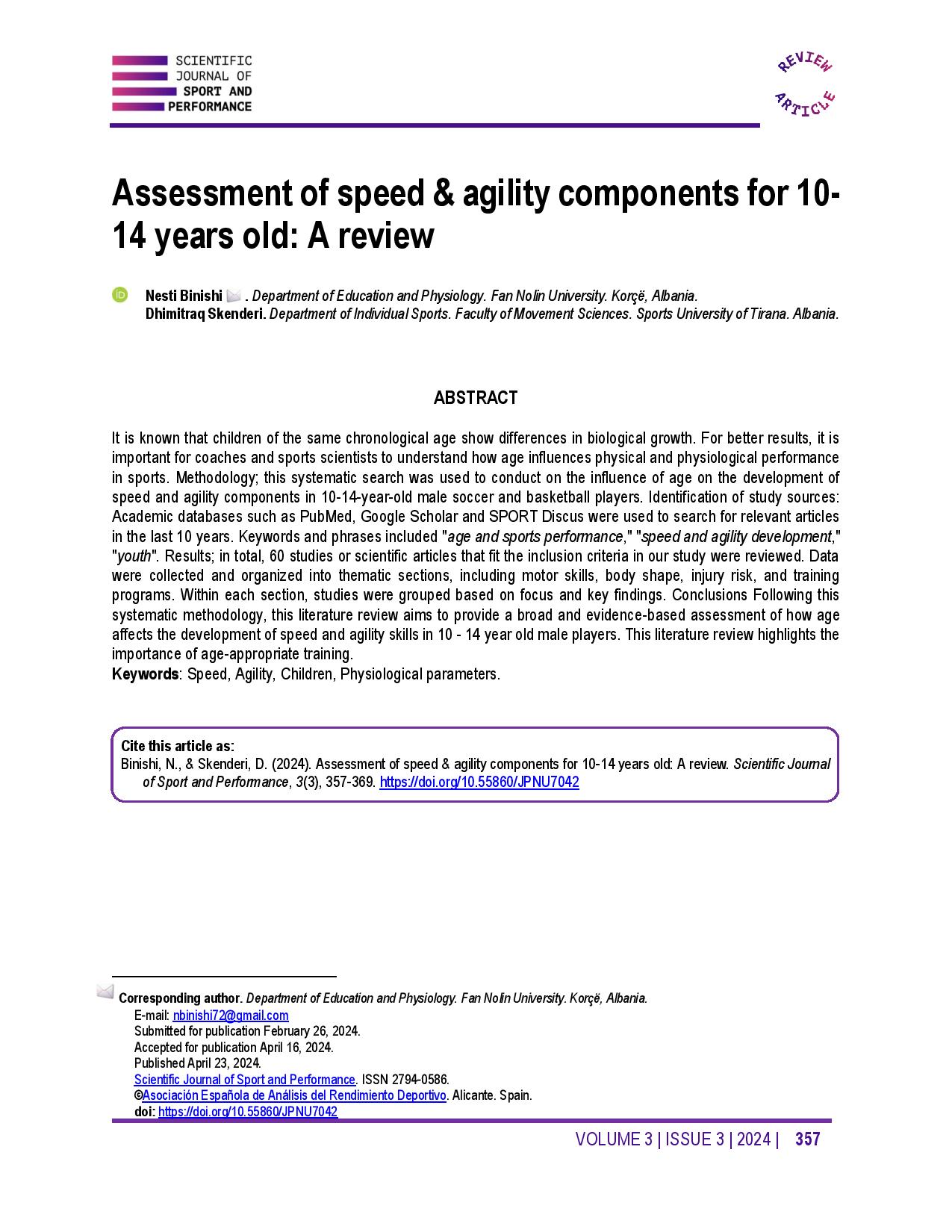 Assessment of speed & agility components for 10-14 years old: A review
