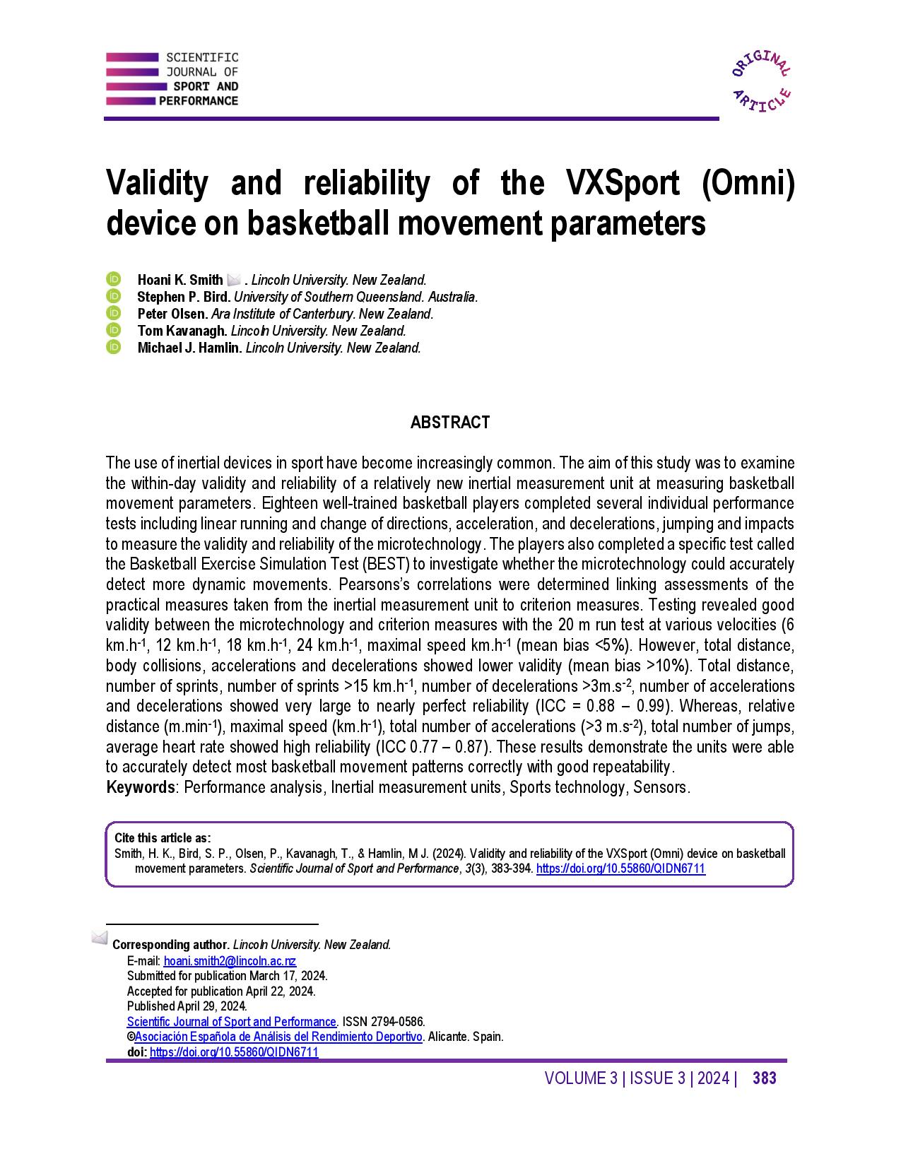 Validity and reliability of the VXSport (Omni) device on basketball movement parameters