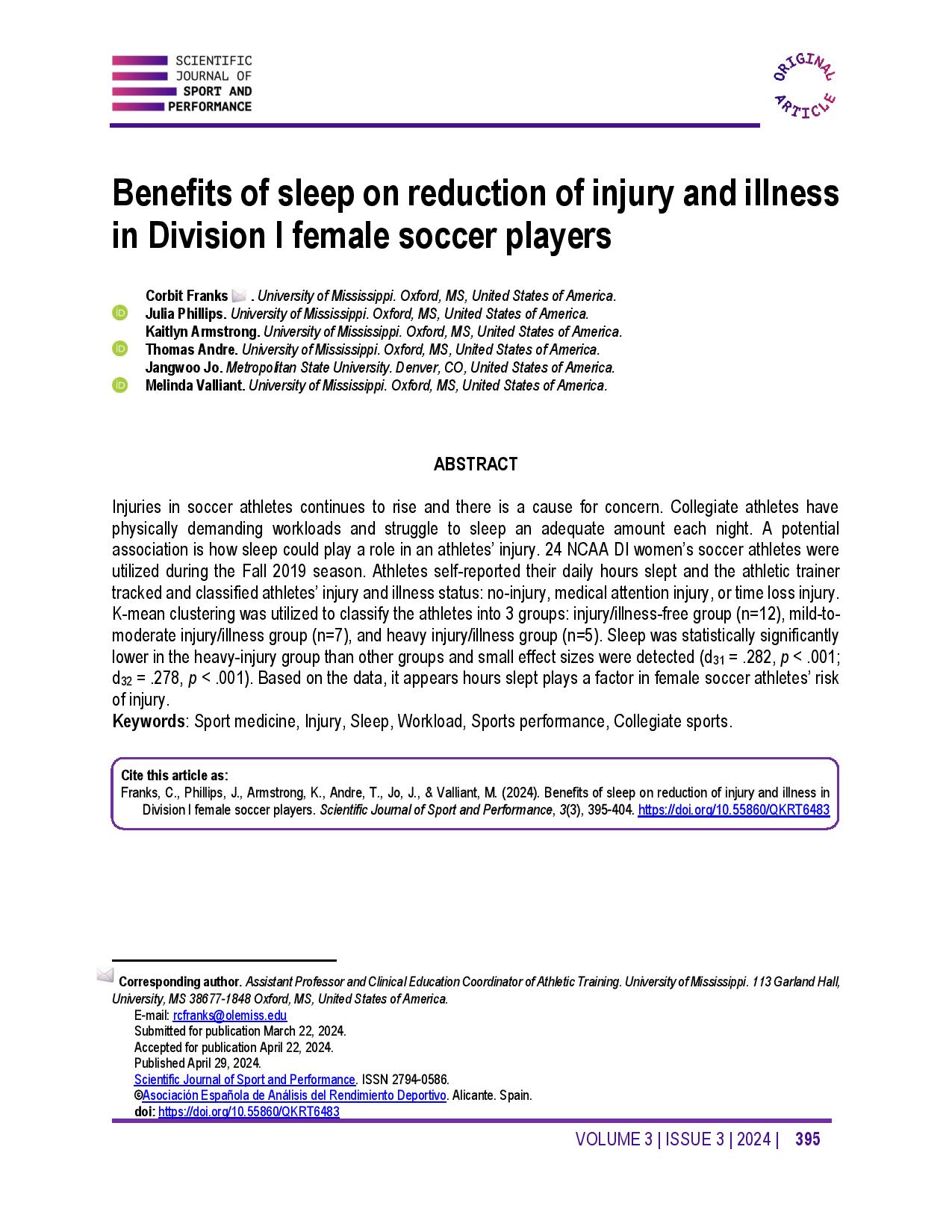 Benefits of sleep on reduction of injury and illness in Division I female soccer players