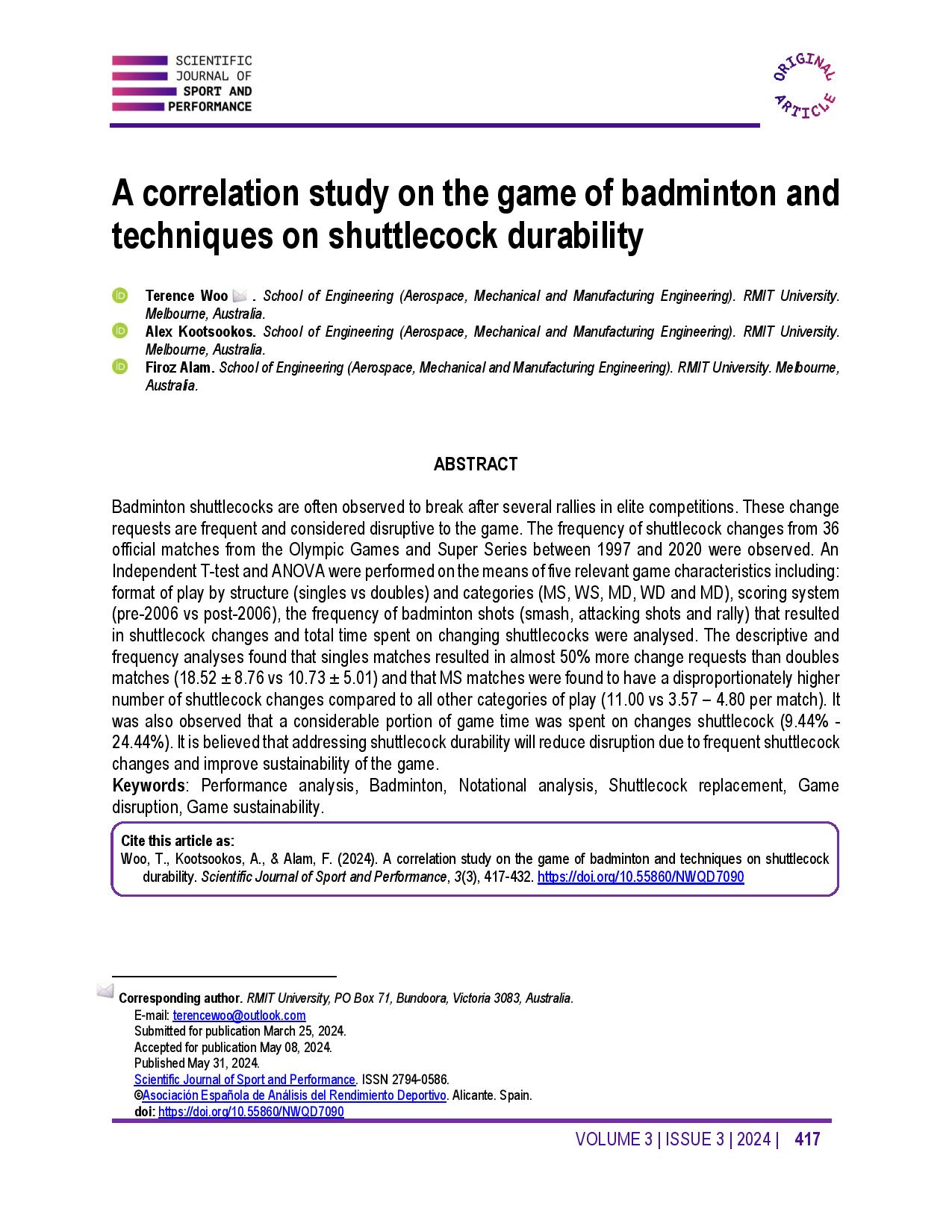 A correlation study on the game of badminton and techniques on shuttlecock durability