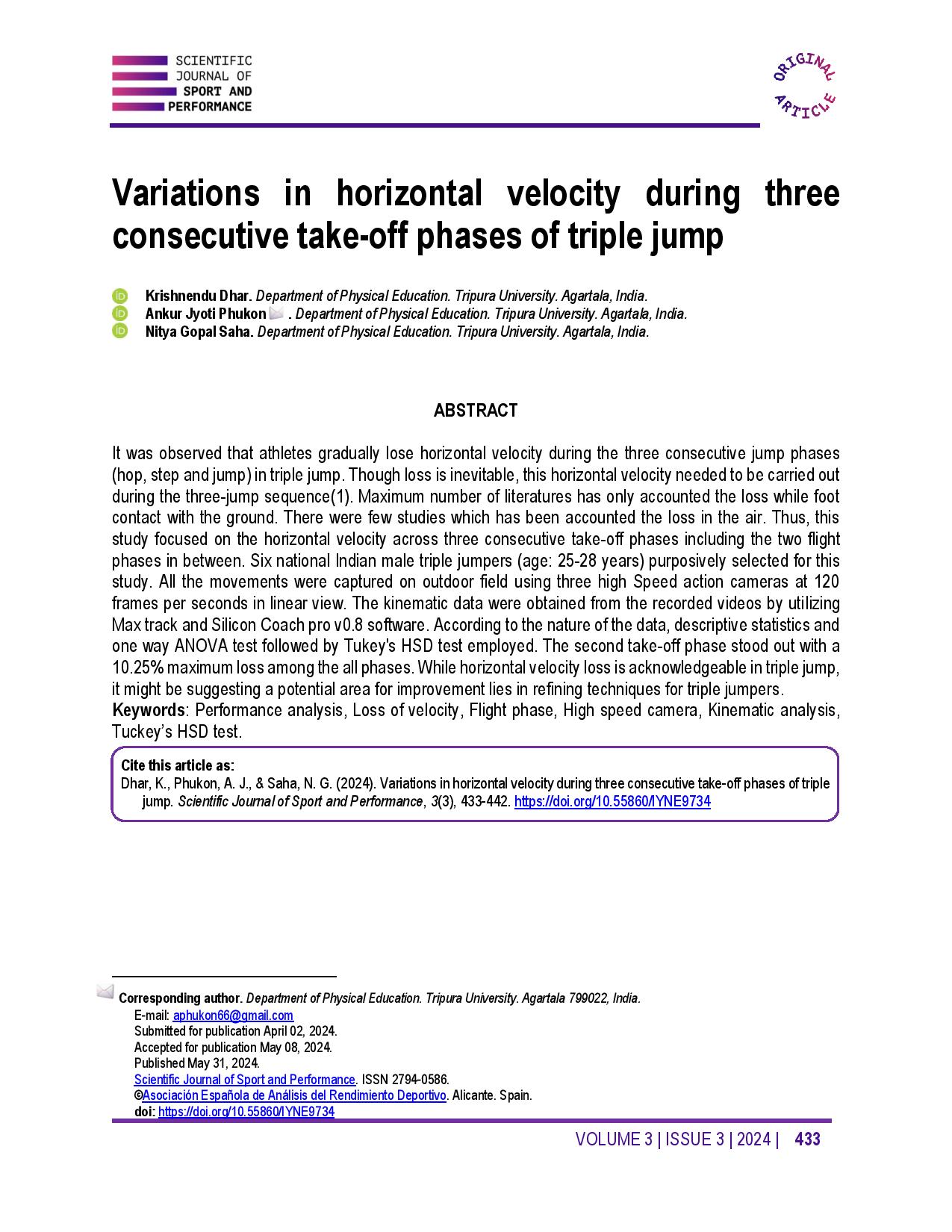Variations in horizontal velocity during three consecutive take-off phases of triple jump