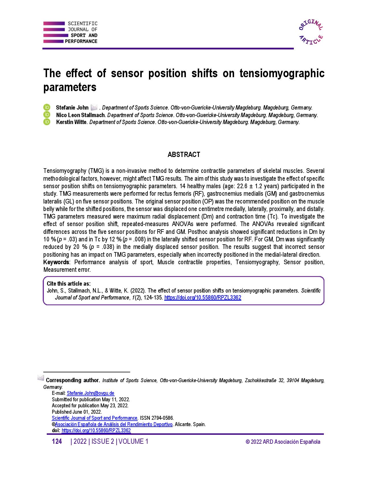 The effect of sensor position shifts on tensiomyographic parameters
