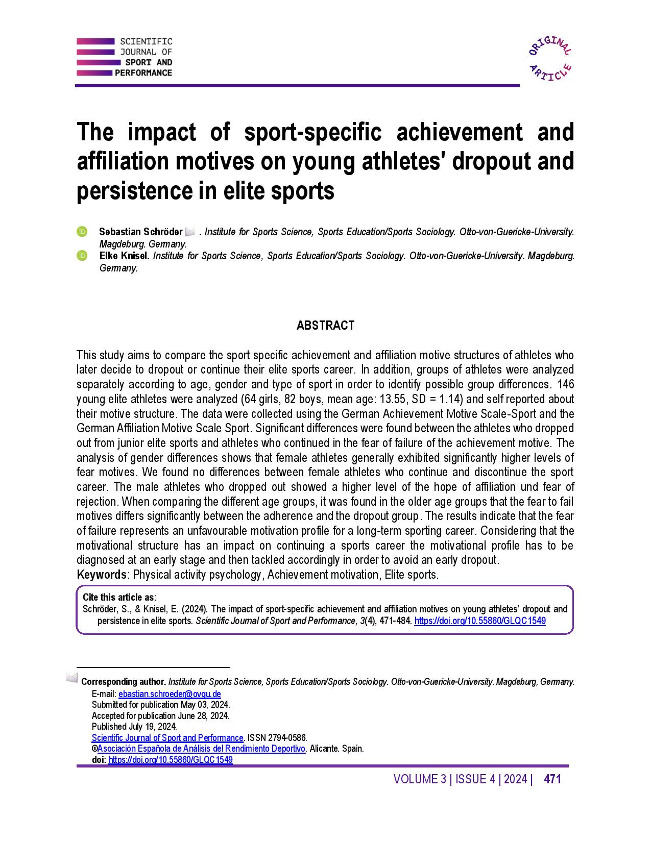 The impact of sport-specific achievement and affiliation motives on young athletes' dropout and persistence in elite sports