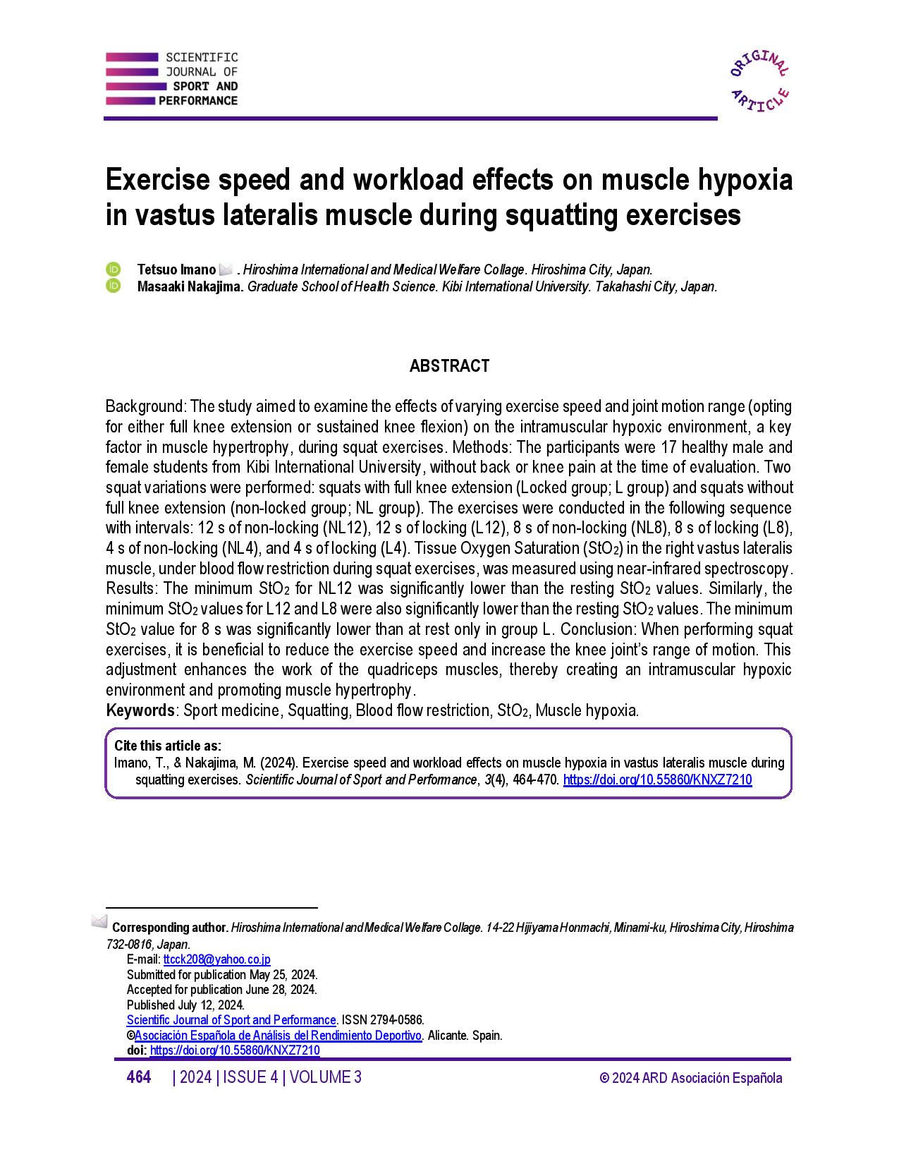 Exercise speed and workload effects on muscle hypoxia in vastus lateralis muscle during squatting exercises