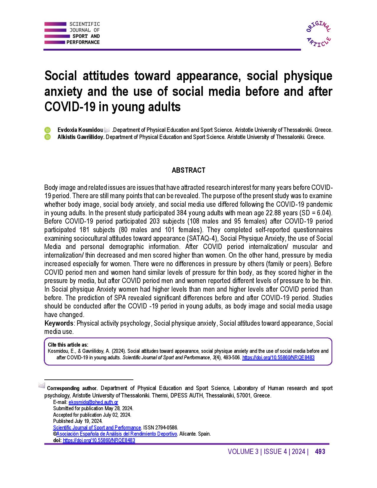 Social attitudes toward appearance, social physique anxiety and the use of social media before and after COVID-19 in young adults