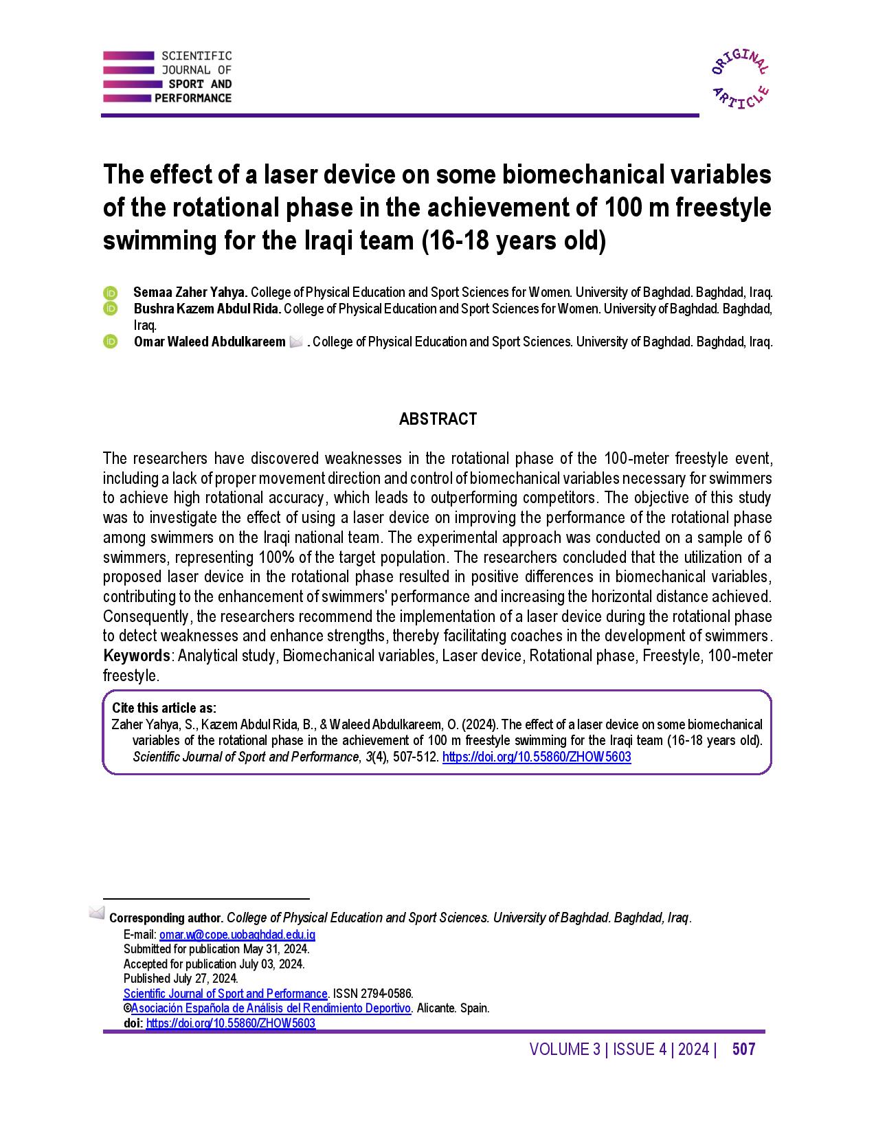 The effect of a laser device on some biomechanical variables of the rotational phase in the achievement of 100 m freestyle swimming for the Iraqi team (16-18 years old)