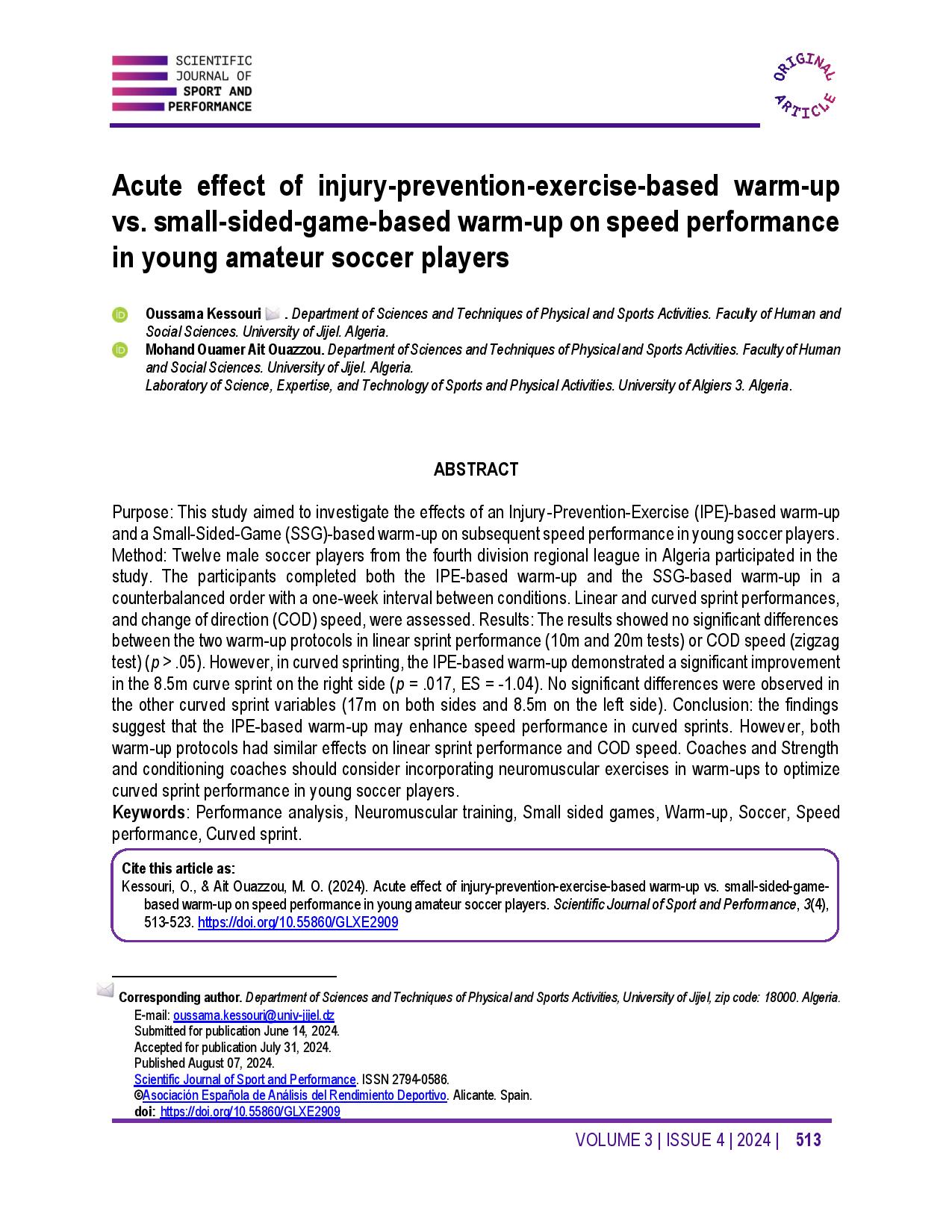 Acute effect of injury-prevention-exercise-based warm-up vs. small-sided-game-based warm-up on speed performance in young amateur soccer players