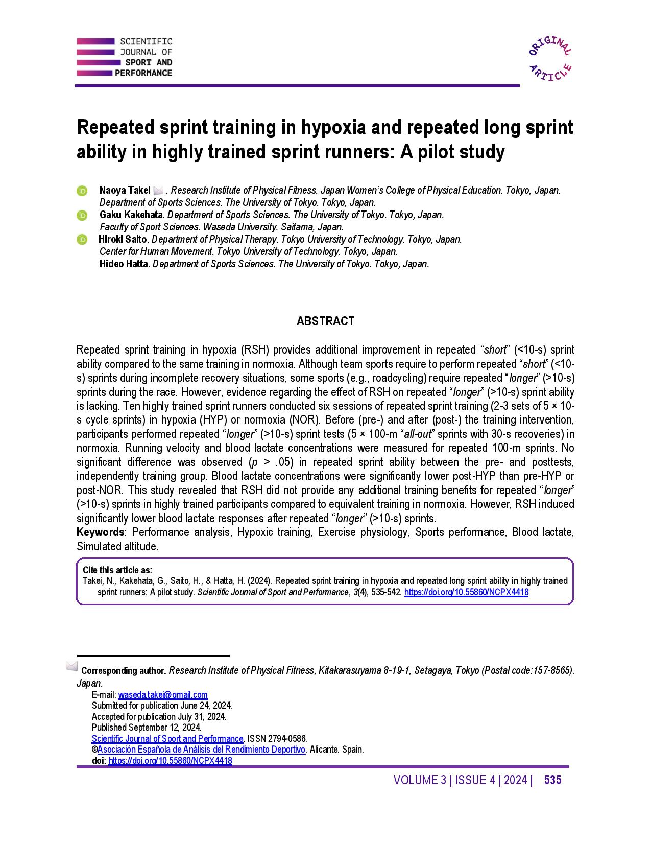 Repeated sprint training in hypoxia and repeated long sprint ability in highly trained sprint runners: A pilot study