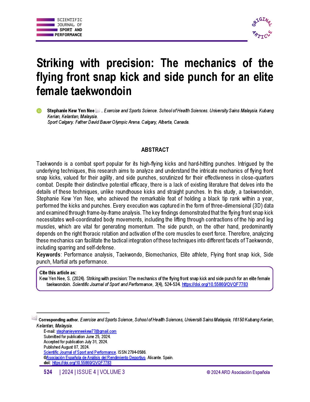 Striking with precision: The mechanics of the flying front snap kick and side punch for an elite female taekwondoin