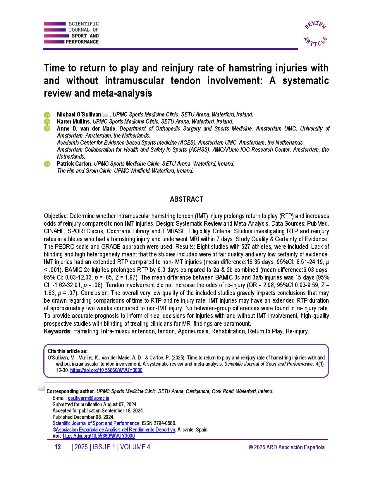 Time to return to play and reinjury rate of hamstring injuries with and without intramuscular tendon involvement: A systematic review and meta-analysis