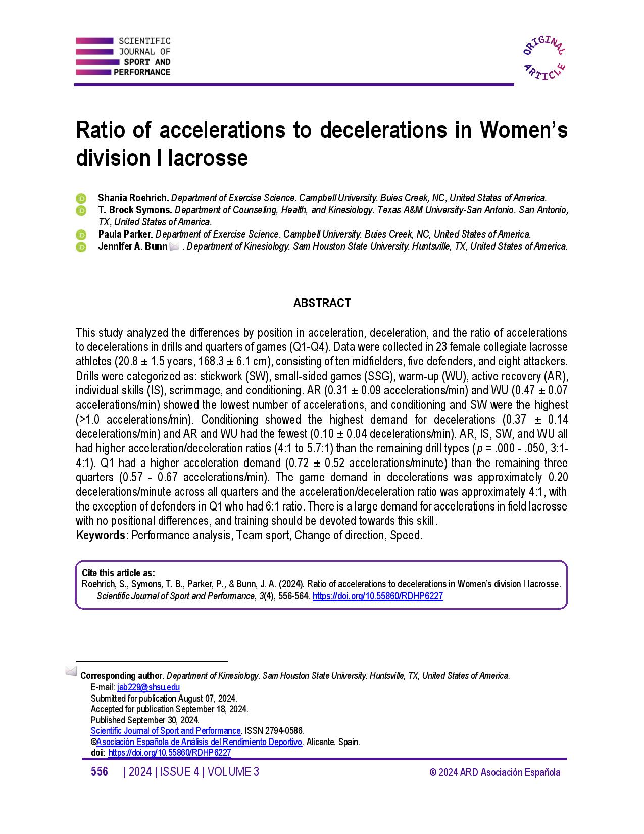  Ratio of accelerations to decelerations in Women’s division I lacrosse