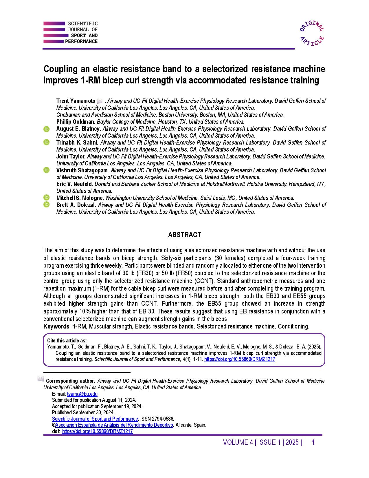 Coupling an elastic resistance band to a selectorized resistance machine improves 1-RM bicep curl strength via accommodated resistance training