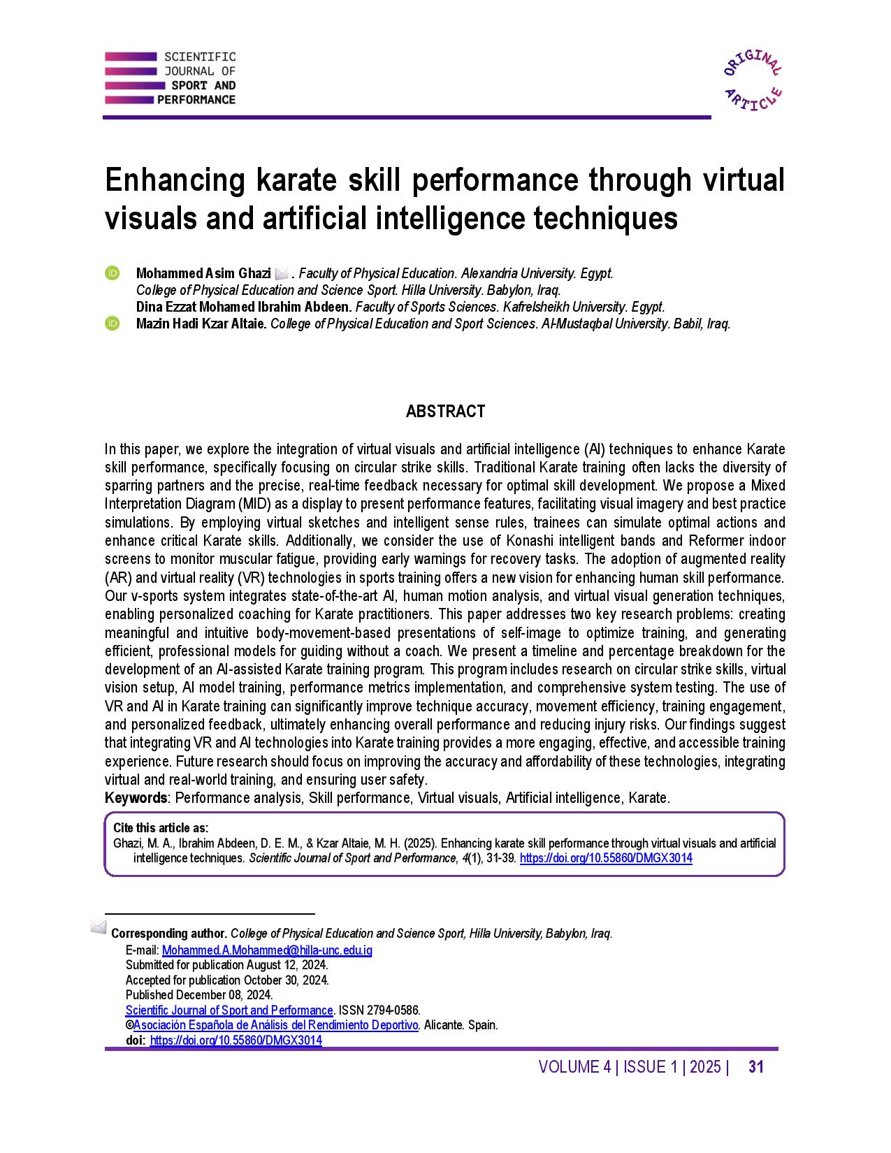  Enhancing karate skill performance through virtual visuals and artificial intelligence techniques