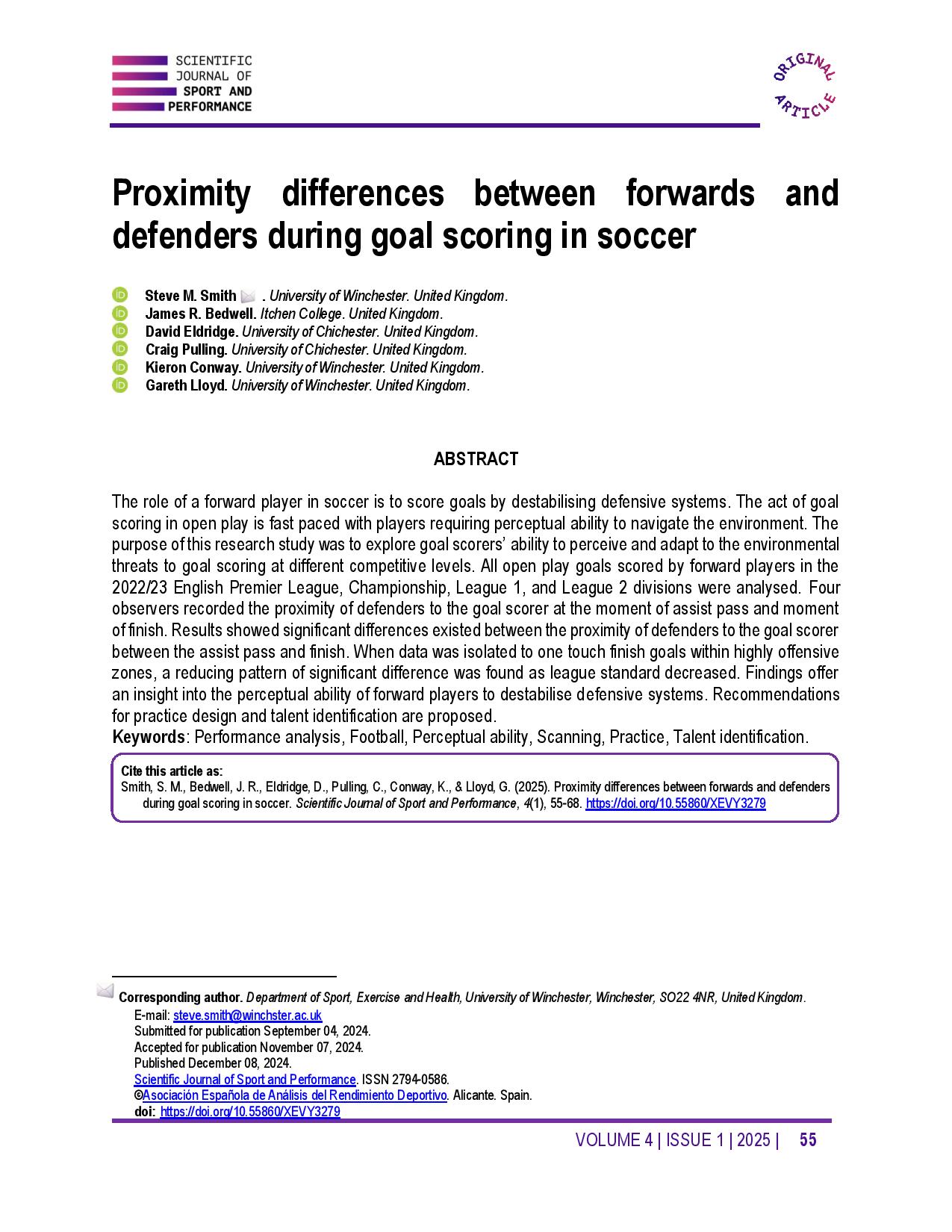 Proximity differences between forwards and defenders during goal scoring in soccer