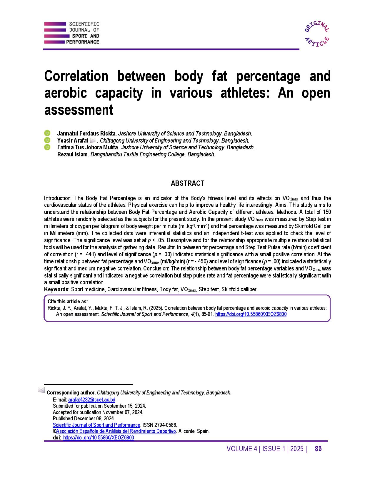 Correlation between body fat percentage and aerobic capacity in various athletes: An open assessment