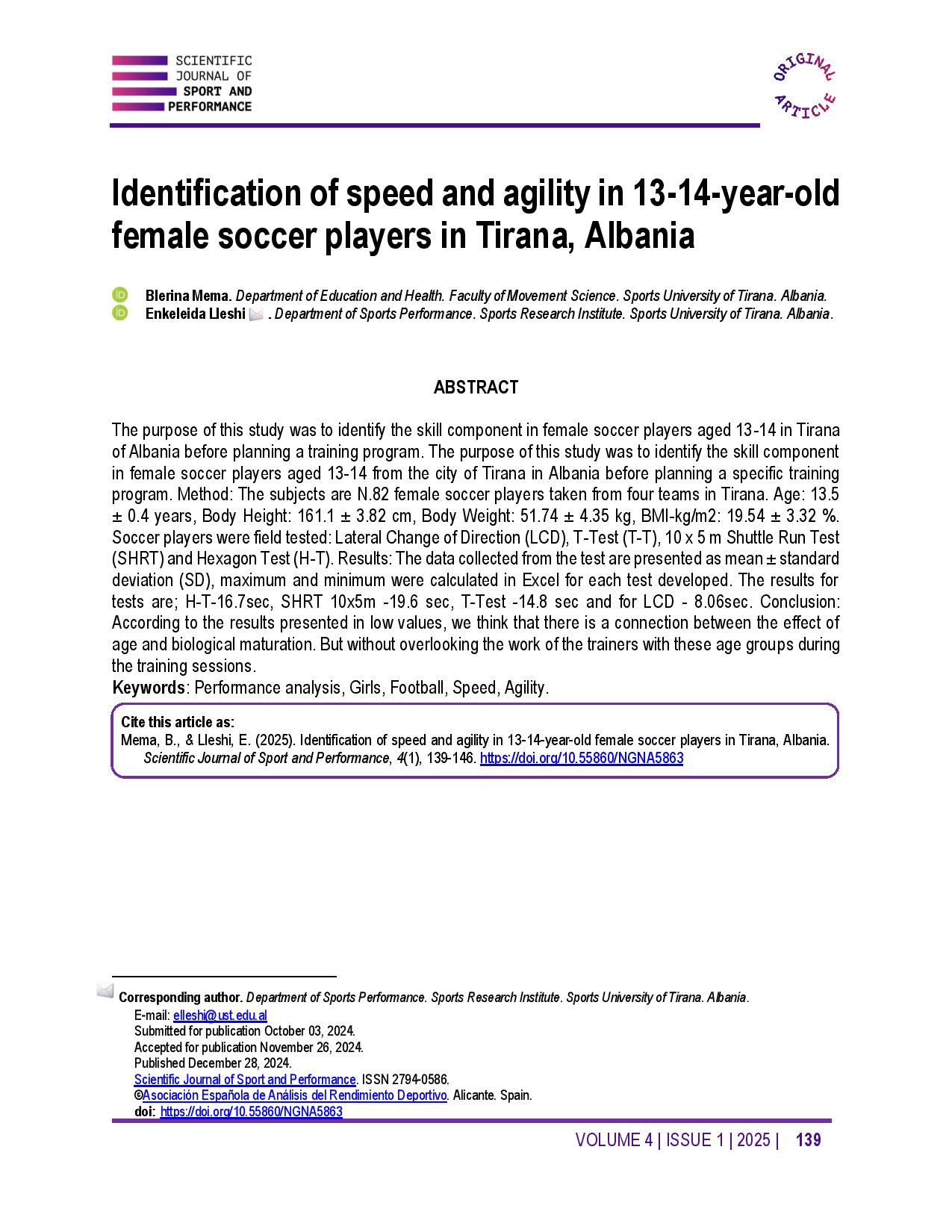 Identification of speed and agility in 13-14-year-old female soccer players in Tirana, Albania