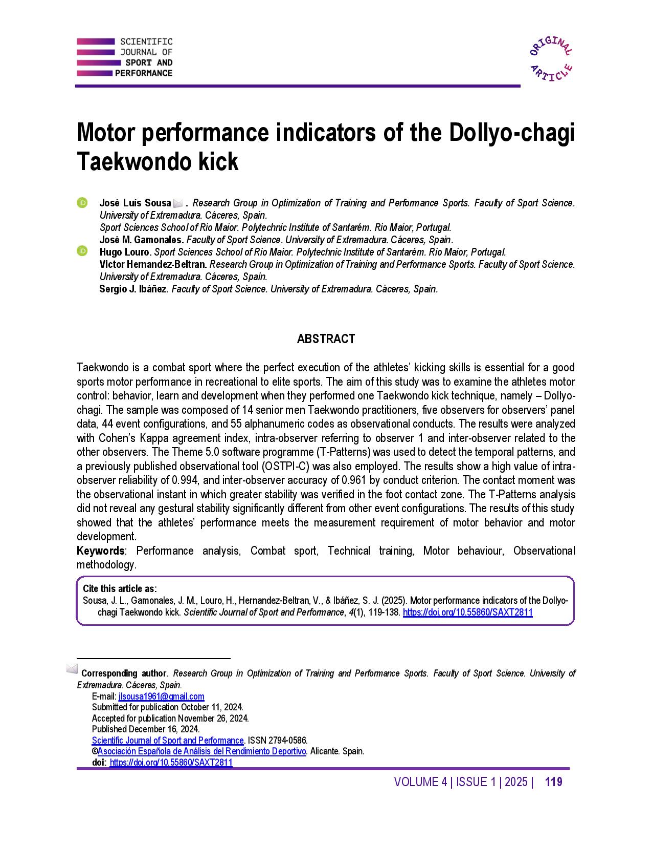 Motor performance indicators of the Dollyo-chagi Taekwondo kick