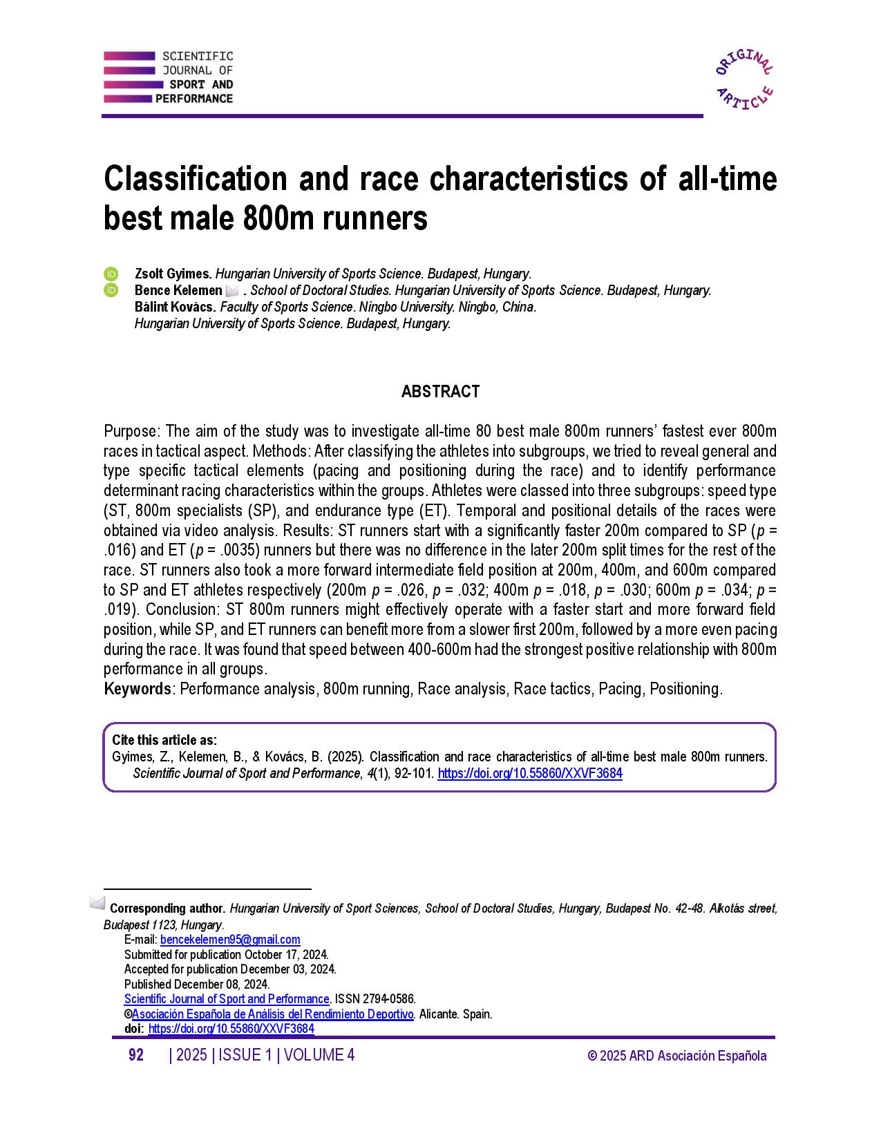 Classification and race characteristics of all-time best male 800m runners