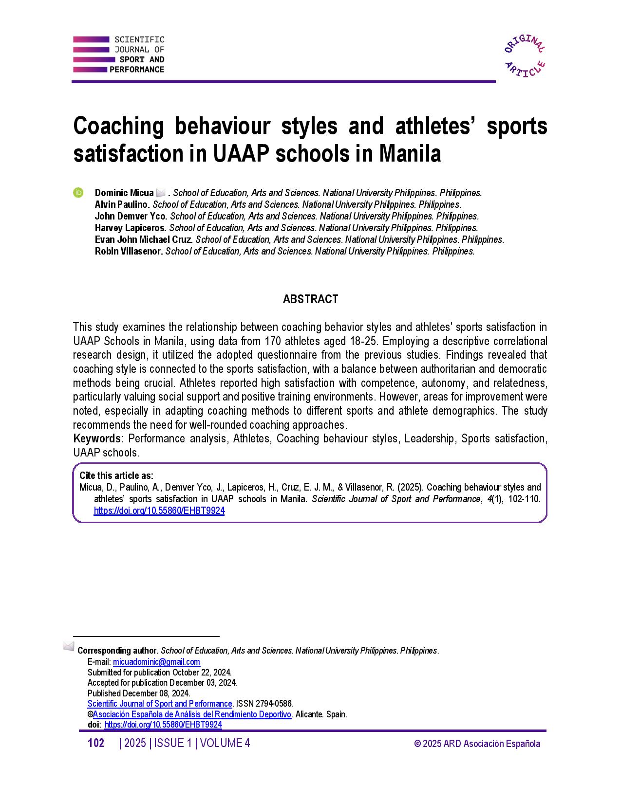 Coaching behaviour styles and athletes’ sports satisfaction in UAAP schools in Manila