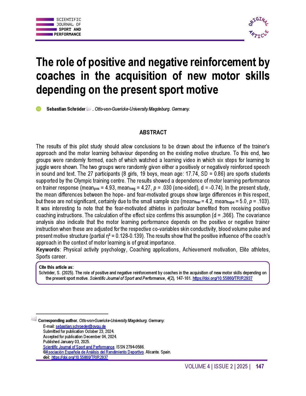 The role of positive and negative reinforcement by coaches in the acquisition of new motor skills depending on the present sport motive