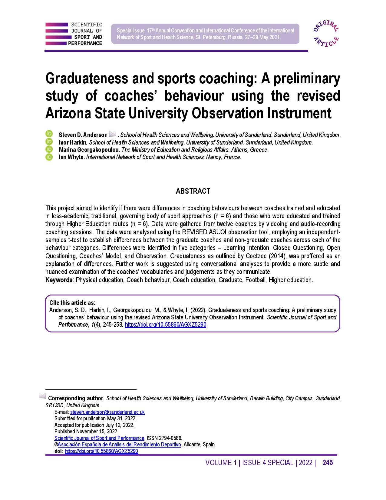 Graduateness and sports coaching: A preliminary study of coaches’ behaviour using the revised Arizona State University Observation Instrument