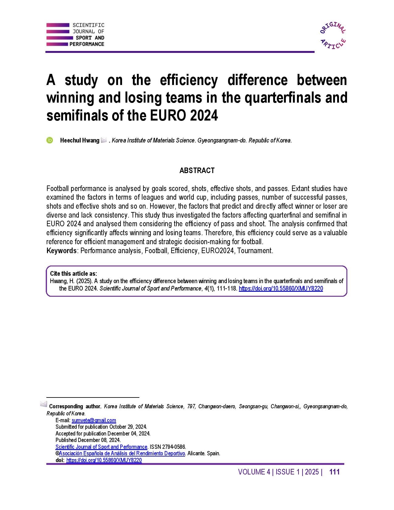 A study on the efficiency difference between winning and losing teams in the quarterfinals and semifinals of the EURO 2024