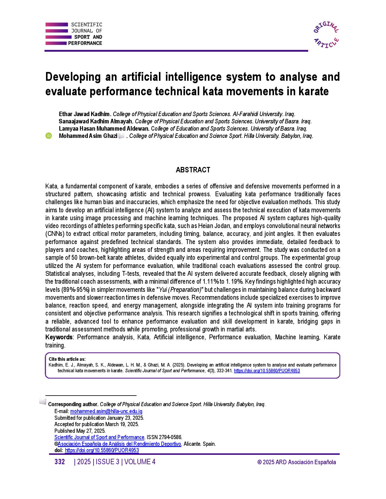 Developing an artificial intelligence system to analyse and evaluate performance technical kata movements in karate