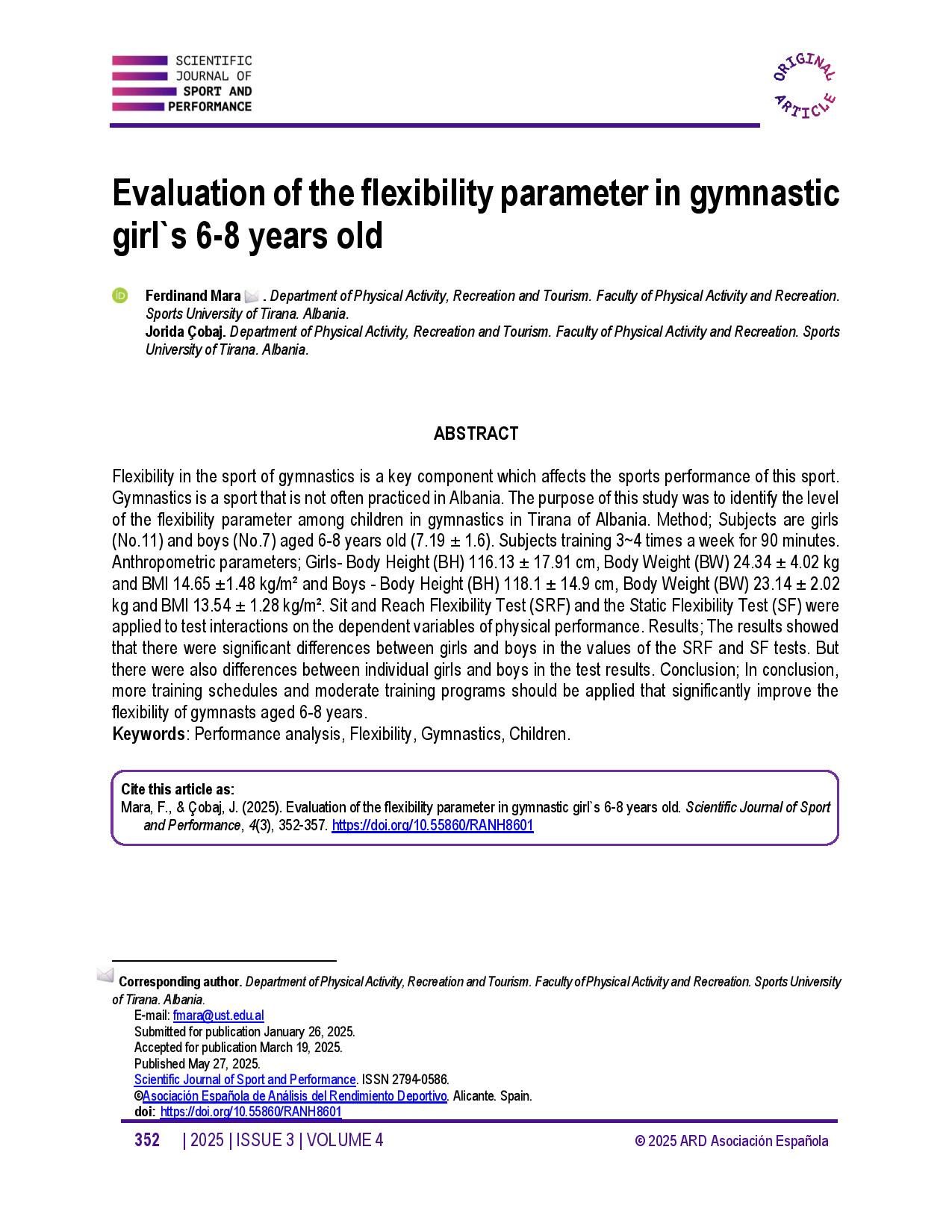  Evaluation of the flexibility parameter in gymnastic girl`s 6-8 years old