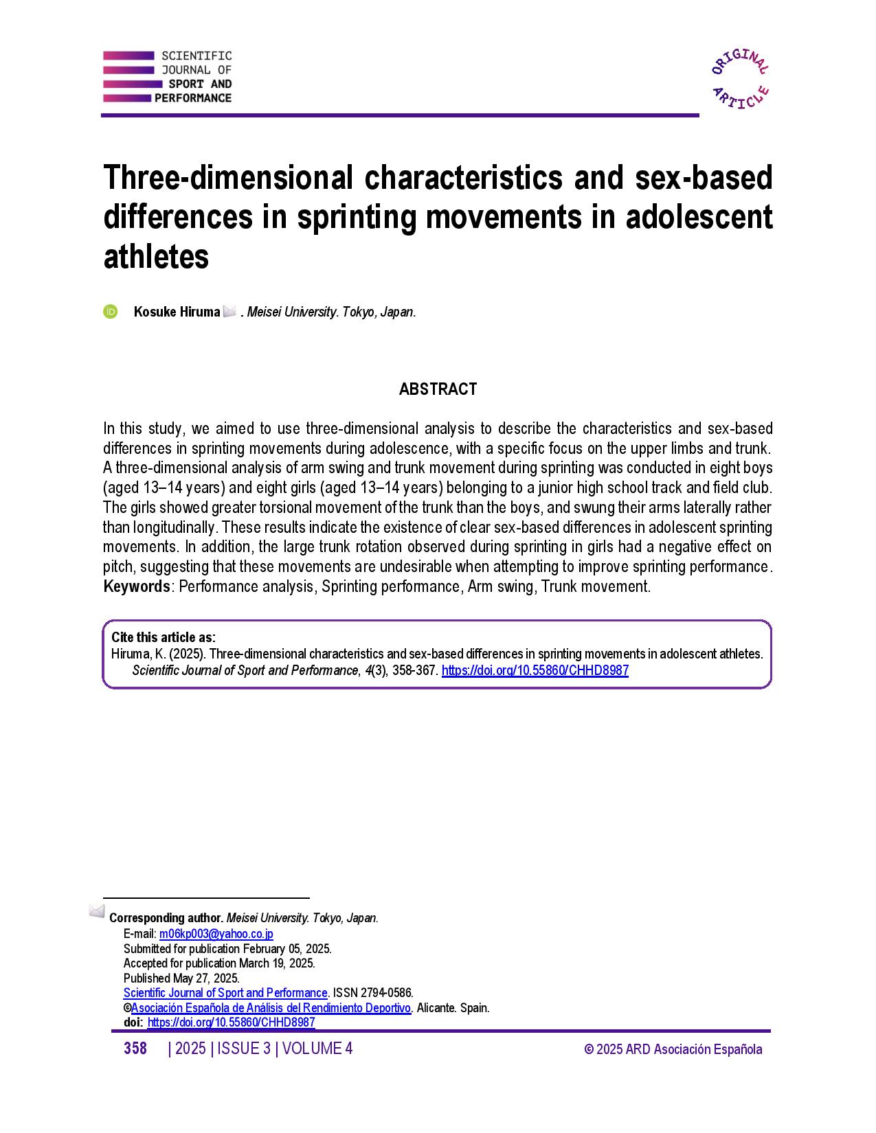 Three-dimensional characteristics and sex-based differences in sprinting movements in adolescent athletes