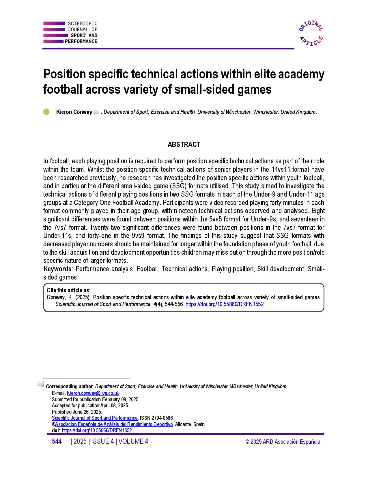 Position specific technical actions within elite academy football across variety of small-sided games