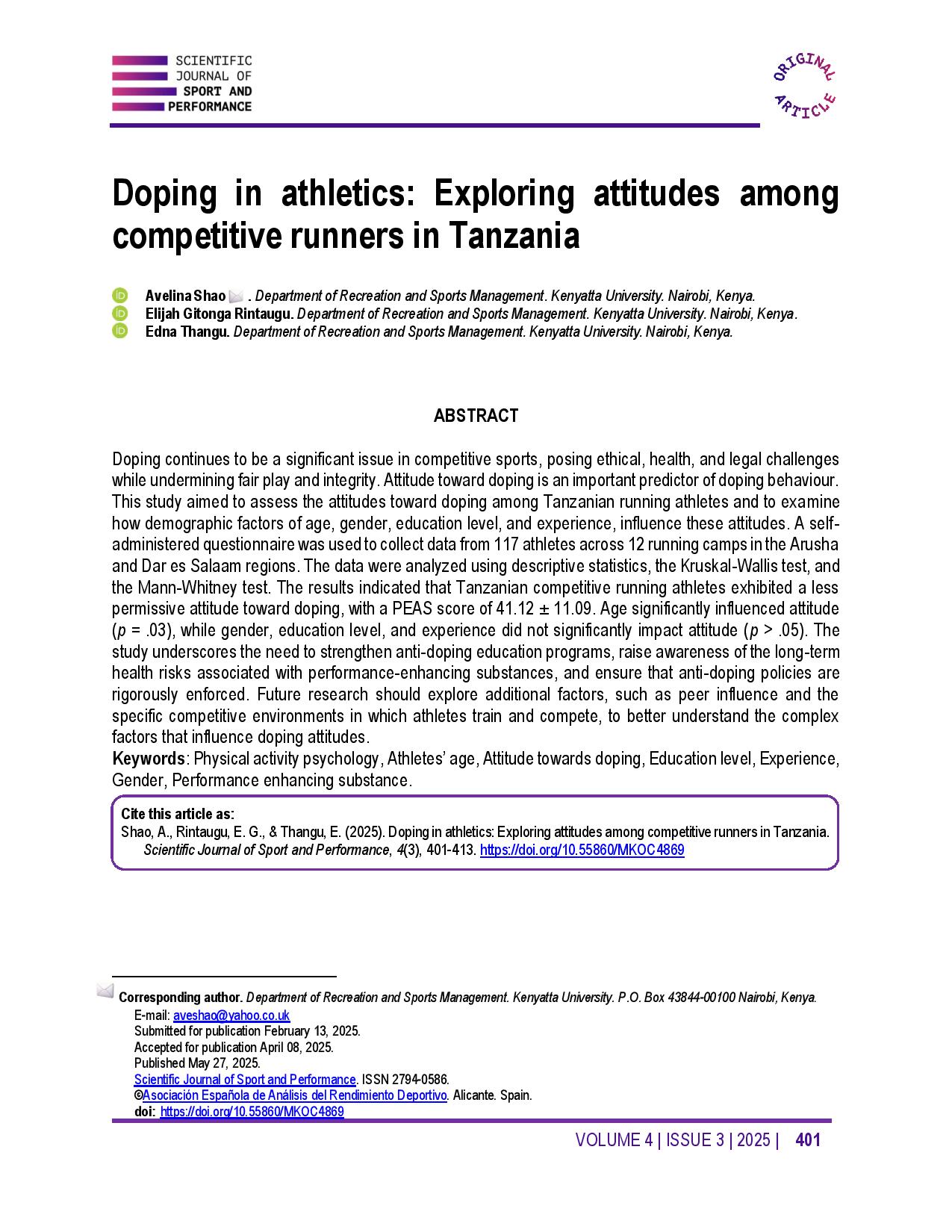 Doping in athletics: Exploring attitudes among competitive runners in Tanzania